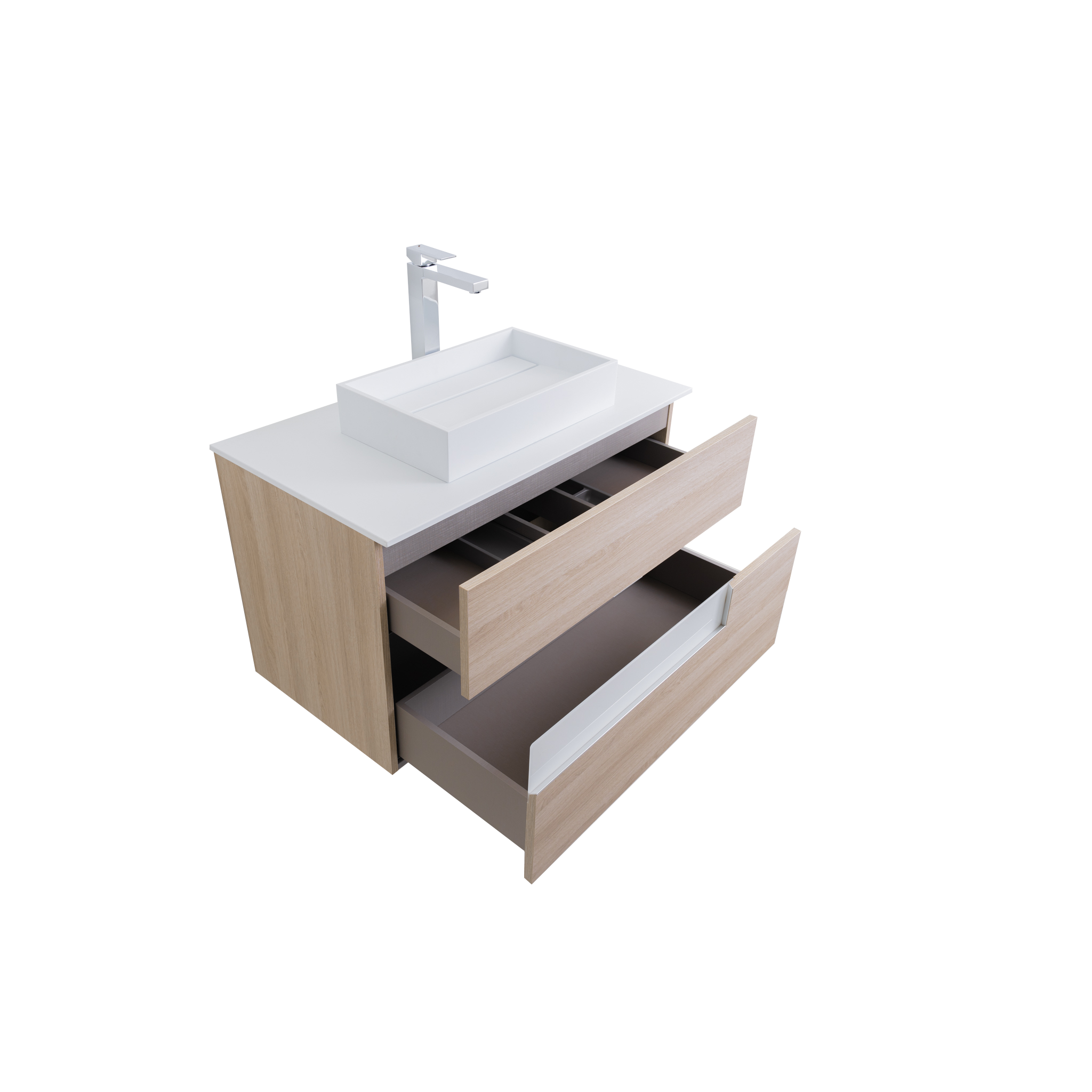 Vision 35.5 Natural Light Wood Cabinet, Solid Surface Flat White Counter And Infinity Square Solid Surface White Basin 1329, Wall Mounted Modern Vanity Set