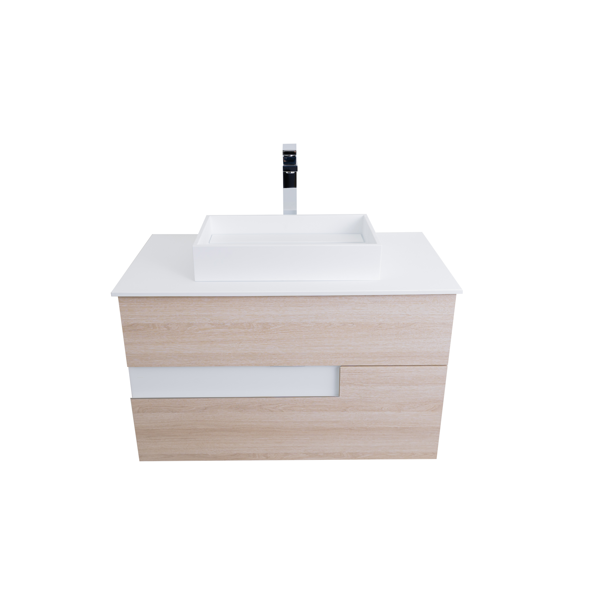 Vision 35.5 Natural Light Wood Cabinet, Solid Surface Flat White Counter And Infinity Square Solid Surface White Basin 1329, Wall Mounted Modern Vanity Set