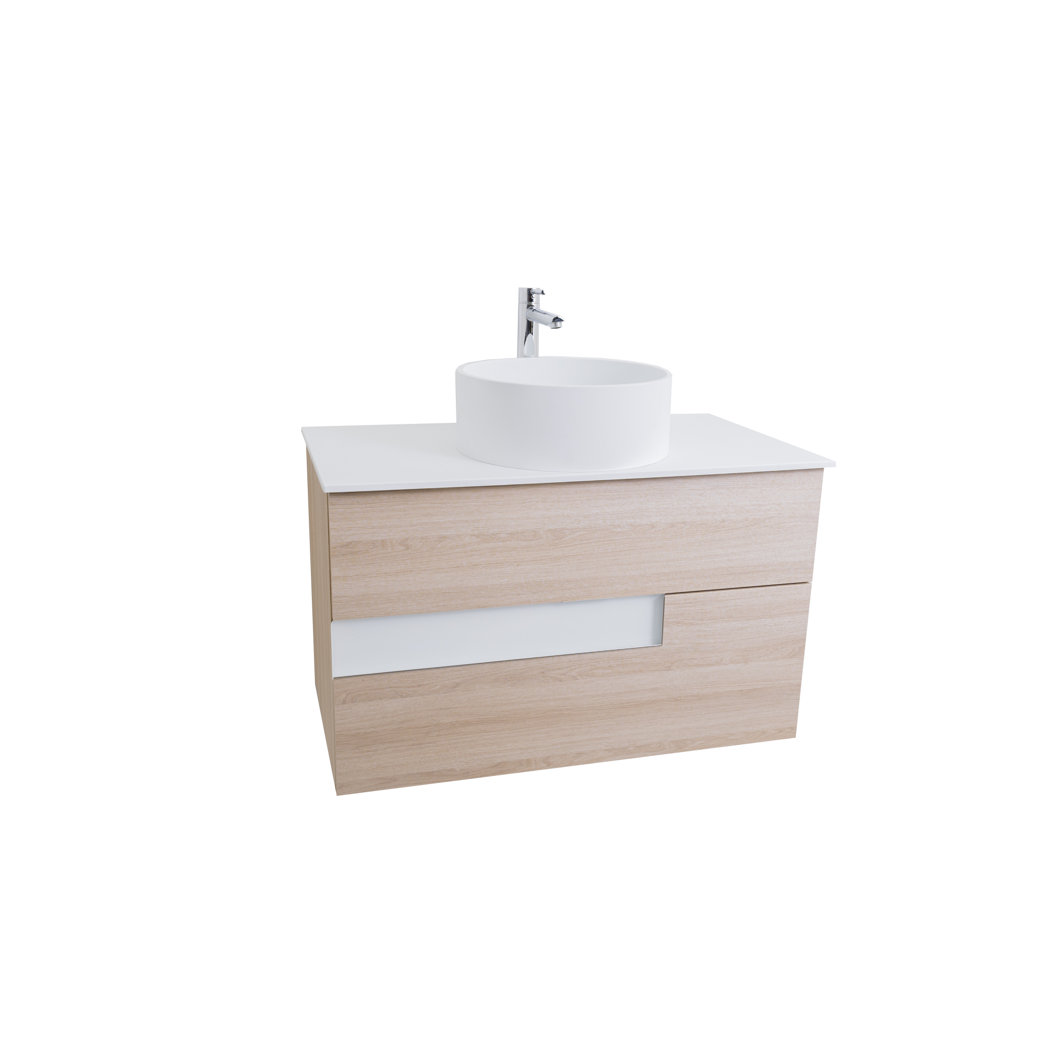 Vision 39.5 Natural Light Wood Cabinet, Solid Surface Flat White Counter And Round Solid Surface White Basin 1386, Wall Mounted Modern Vanity Set