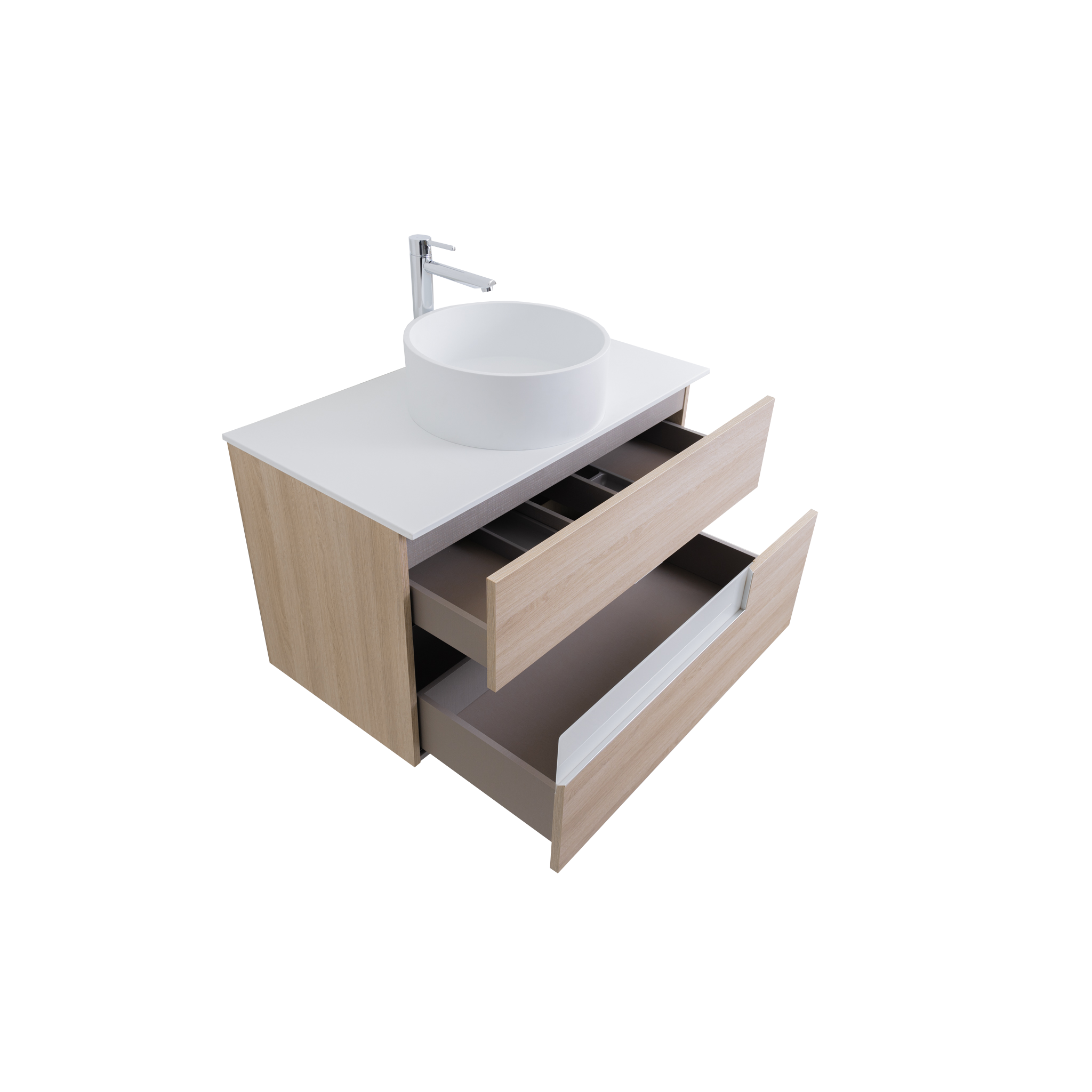 Vision 39.5 Natural Light Wood Cabinet, Solid Surface Flat White Counter And Round Solid Surface White Basin 1386, Wall Mounted Modern Vanity Set