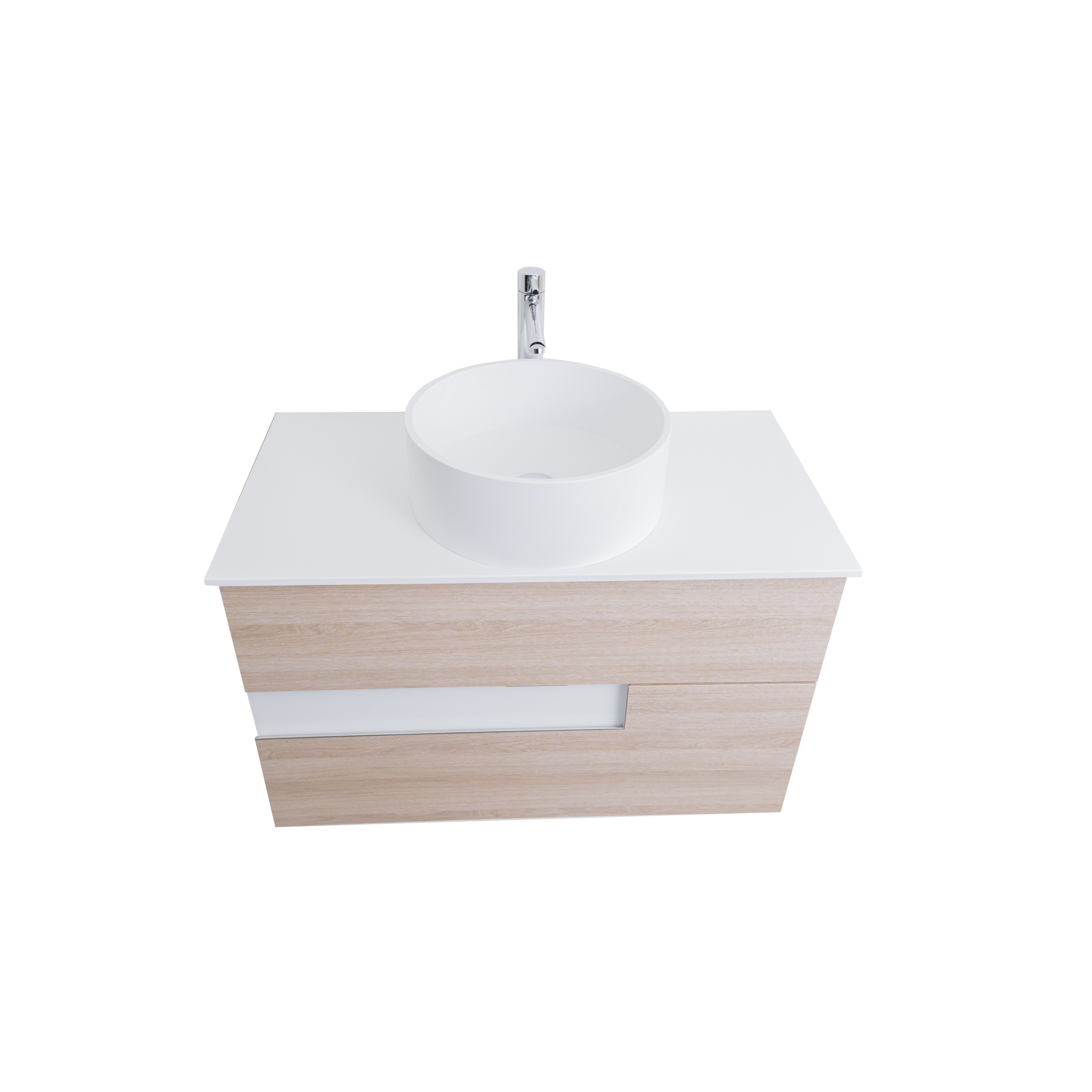 Vision 39.5 Natural Light Wood Cabinet, Solid Surface Flat White Counter And Round Solid Surface White Basin 1386, Wall Mounted Modern Vanity Set