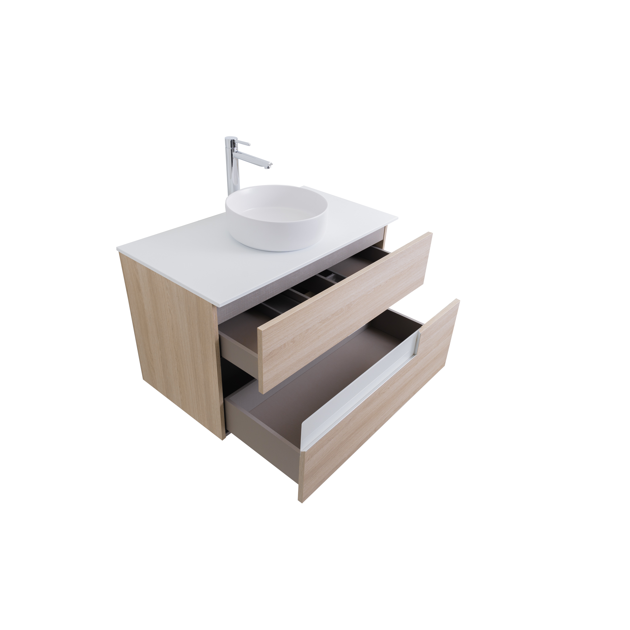 Vision 39.5 Natural Light Wood Cabinet, Ares White Top And Ares White Ceramic Basin, Wall Mounted Modern Vanity Set