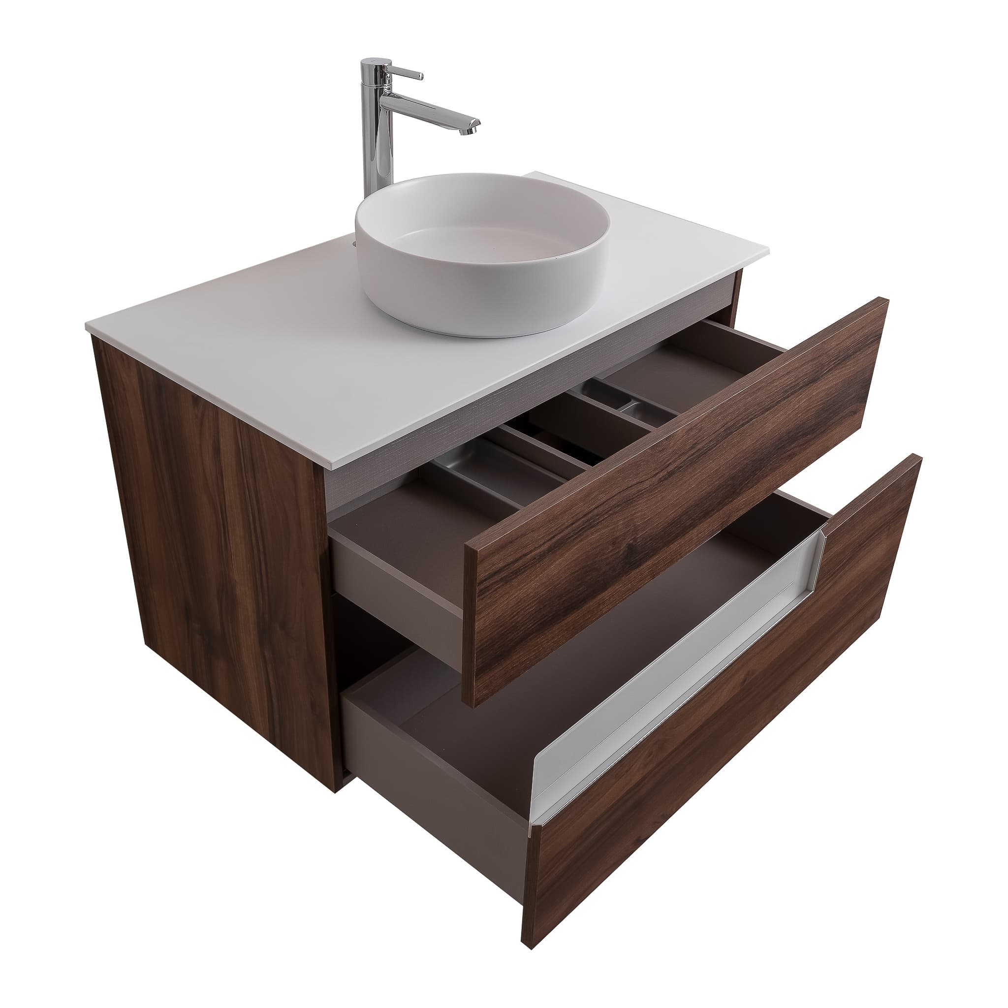 Vision 47.5 Valenti Medium Brown Wood Cabinet, Ares White Top And Ares White Ceramic Basin, Wall Mounted Modern Vanity Set