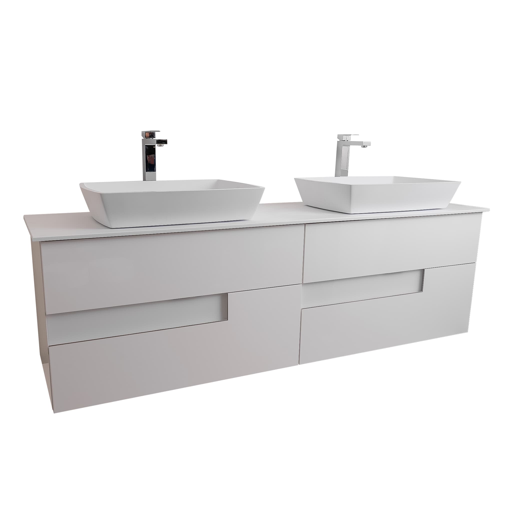 Vision 63 White High Gloss Cabinet, Solid Surface Flat White Counter And Two Square Solid Surface White Basin 1316, Wall Mounted Modern Vanity Set