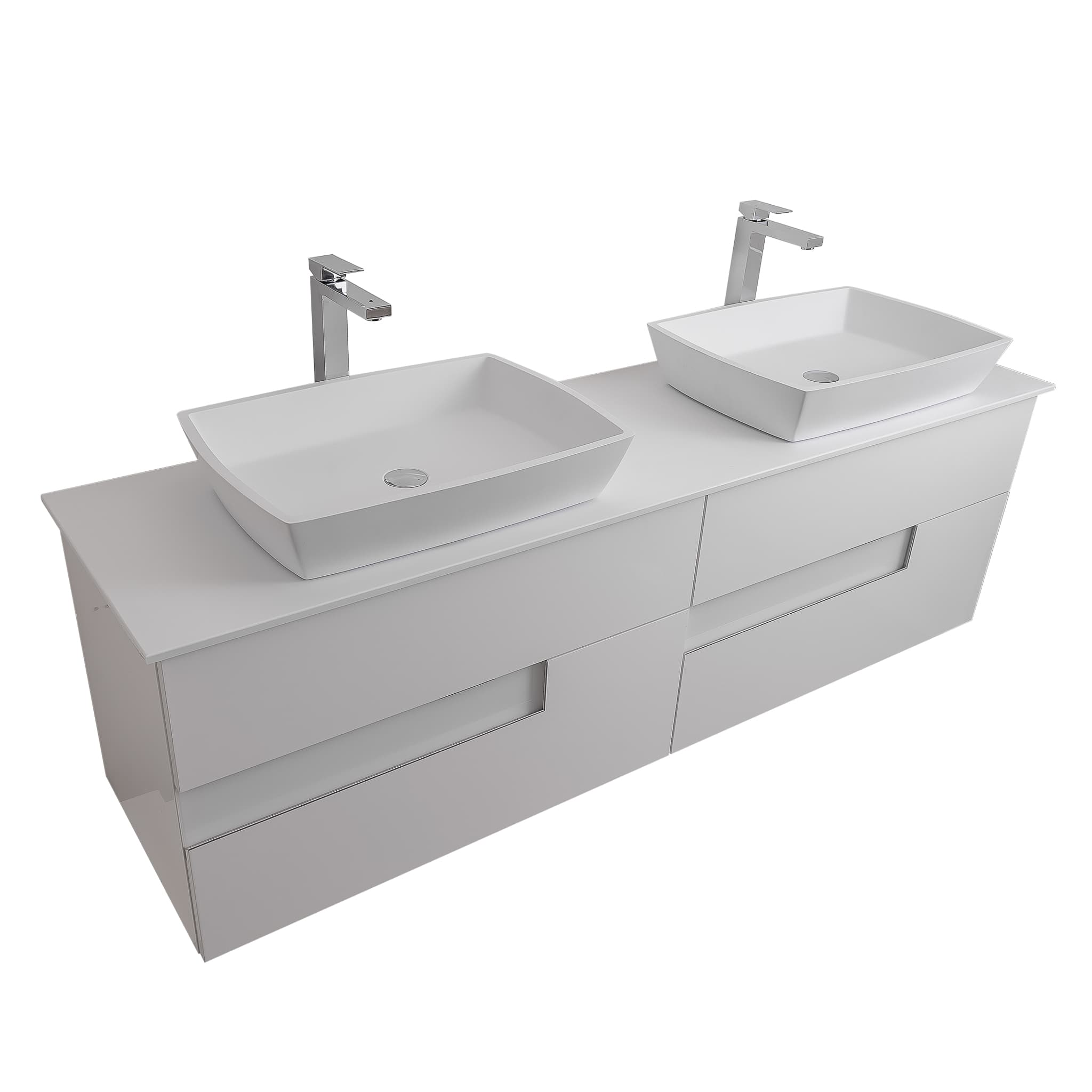 Vision 63 White High Gloss Cabinet, Solid Surface Flat White Counter And Two Square Solid Surface White Basin 1316, Wall Mounted Modern Vanity Set