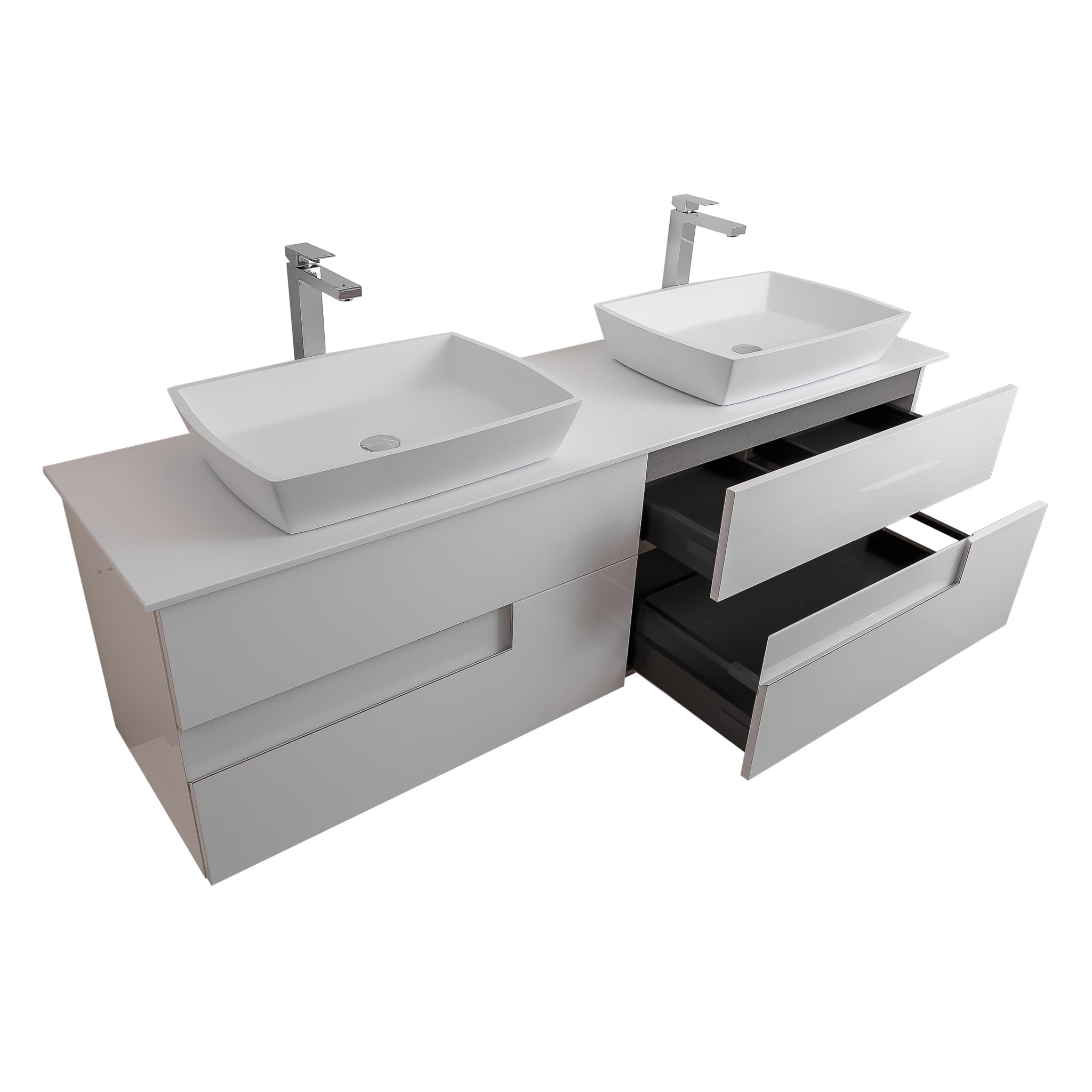 Vision 63 White High Gloss Cabinet, Solid Surface Flat White Counter And Two Square Solid Surface White Basin 1316, Wall Mounted Modern Vanity Set