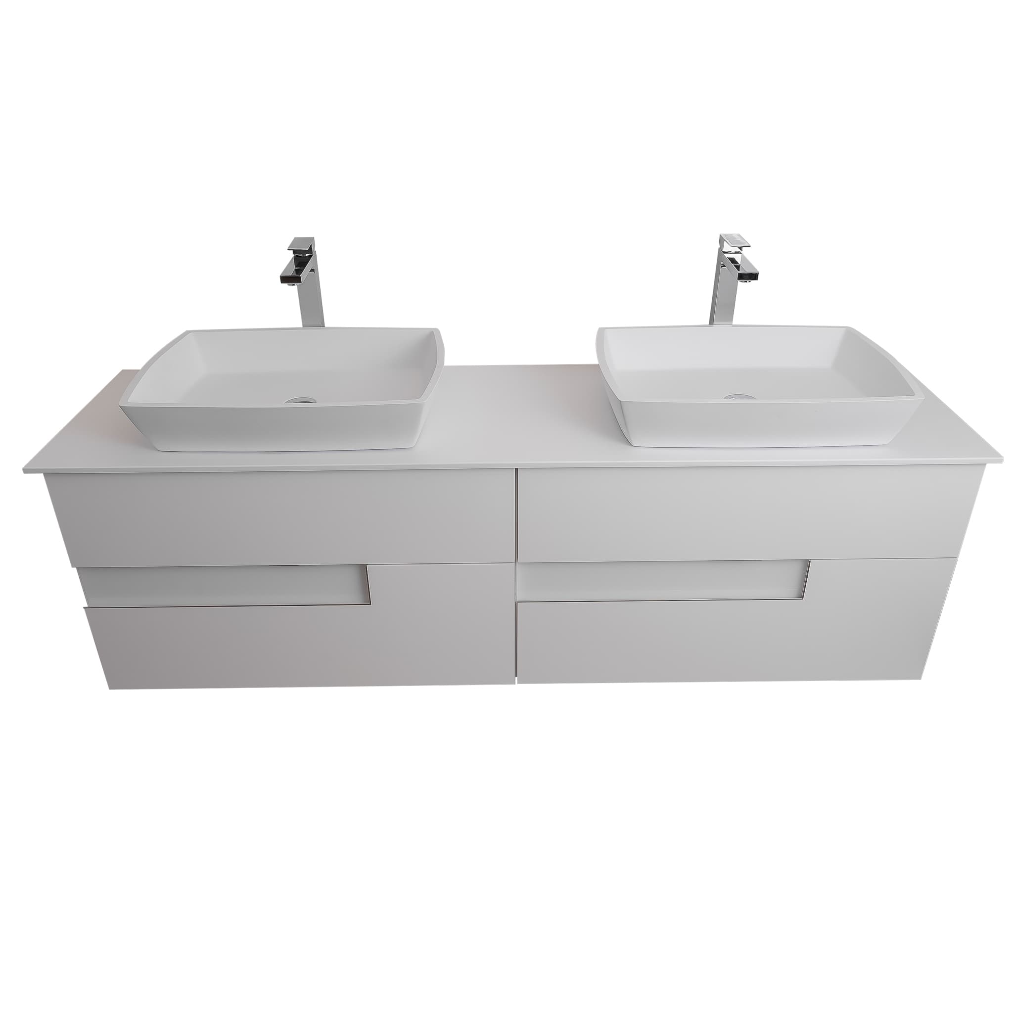 Vision 63 White High Gloss Cabinet, Solid Surface Flat White Counter And Two Square Solid Surface White Basin 1316, Wall Mounted Modern Vanity Set