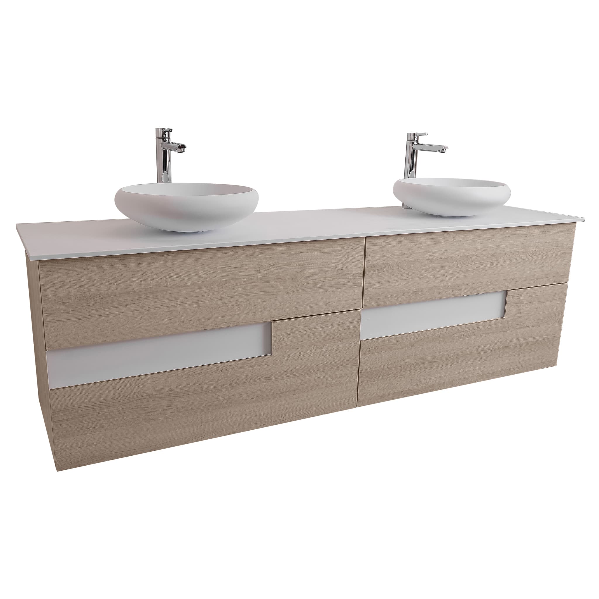 Vision 72 Natural Light Wood Cabinet, Solid Surface Flat White Counter And Two Round Solid Surface White Basin 1153, Wall Mounted Modern Vanity Set