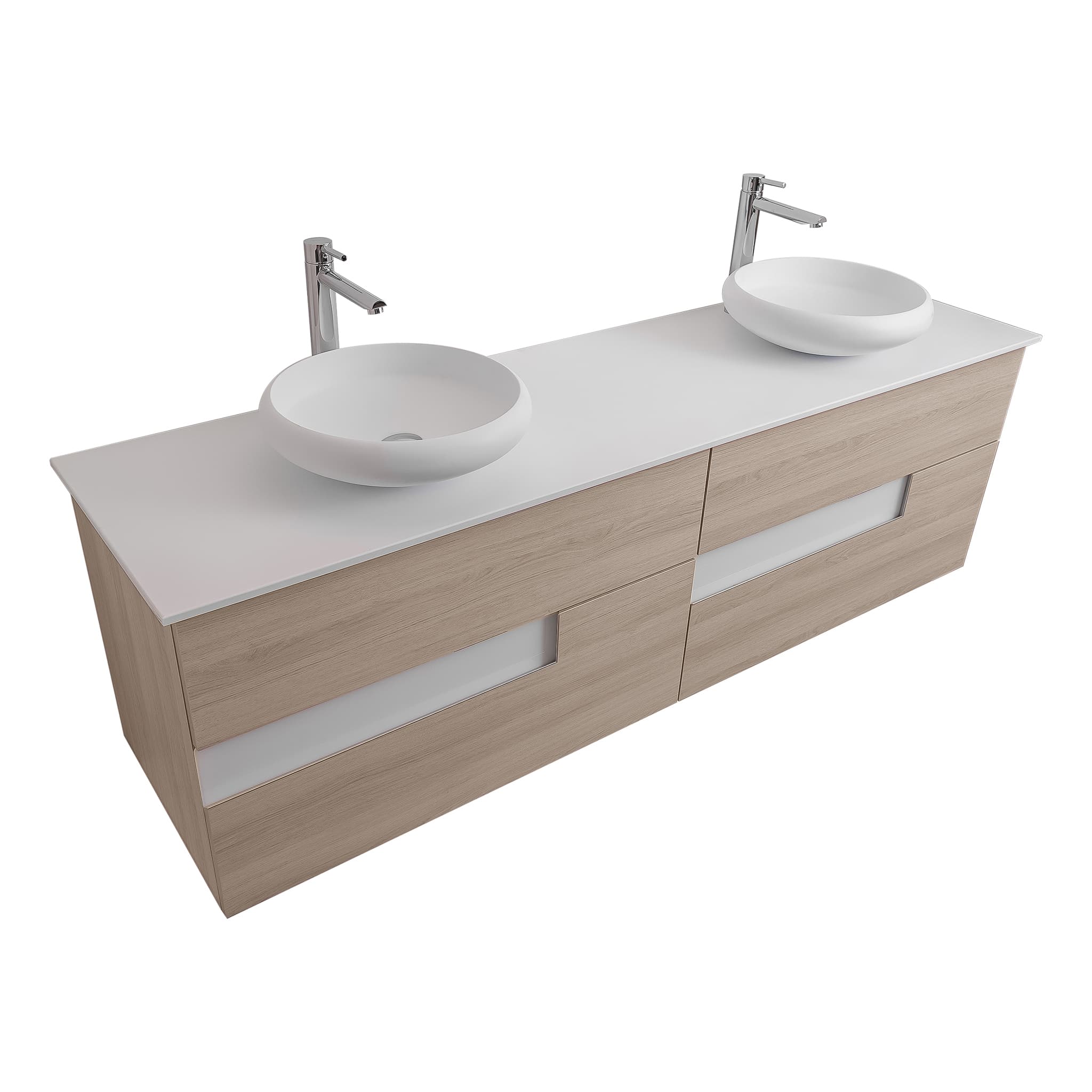 Vision 72 Natural Light Wood Cabinet, Solid Surface Flat White Counter And Two Round Solid Surface White Basin 1153, Wall Mounted Modern Vanity Set