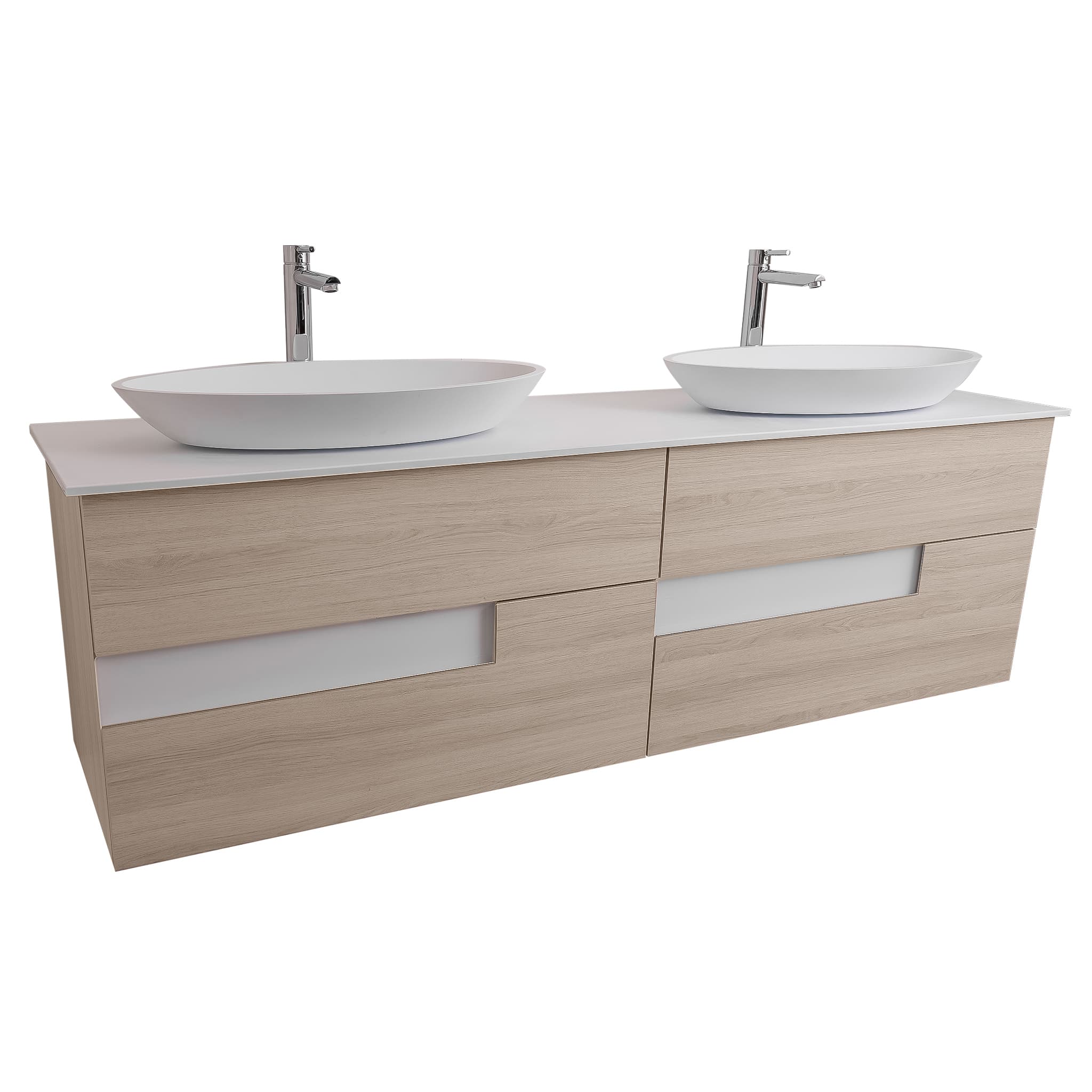 Vision 72 Natural Light Wood Cabinet, Solid Surface Flat White Counter And Two Oval Solid Surface White Basin 1305, Wall Mounted Modern Vanity Set