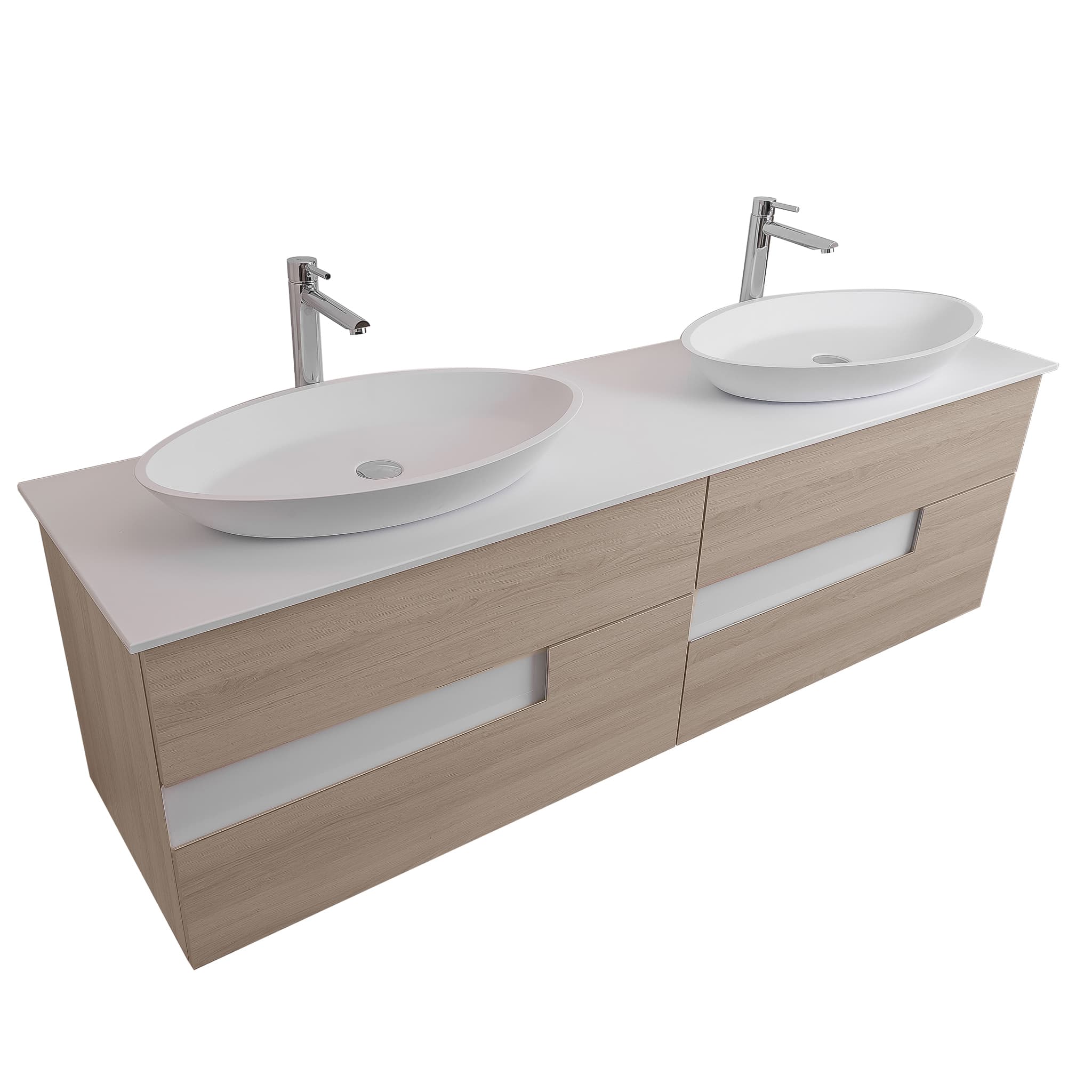 Vision 72 Natural Light Wood Cabinet, Solid Surface Flat White Counter And Two Oval Solid Surface White Basin 1305, Wall Mounted Modern Vanity Set