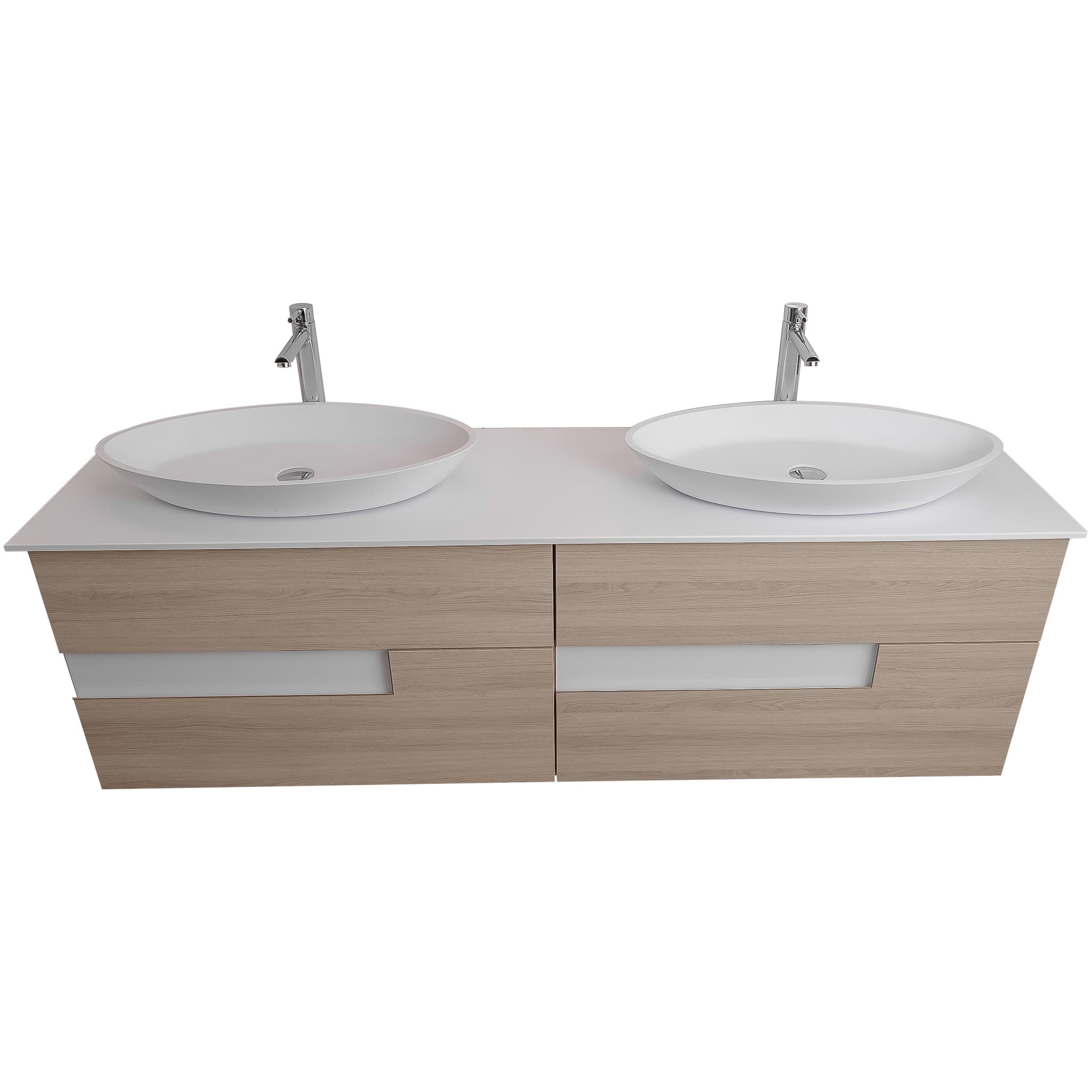 Vision 72 Natural Light Wood Cabinet, Solid Surface Flat White Counter And Two Oval Solid Surface White Basin 1305, Wall Mounted Modern Vanity Set