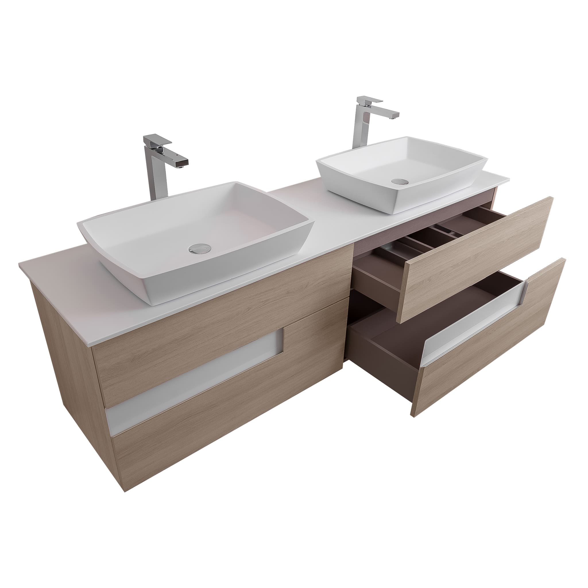Vision 72 Natural Light Wood Cabinet, Solid Surface Flat White Counter And Two Square Solid Surface White Basin 1316, Wall Mounted Modern Vanity Set