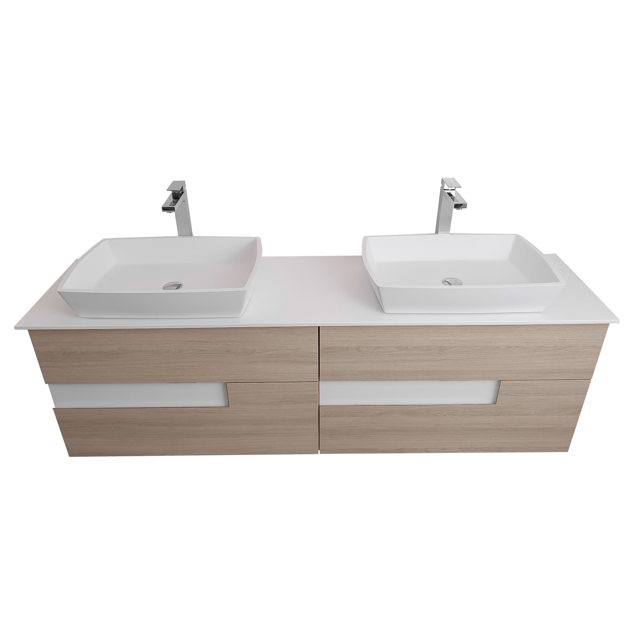 Vision 72 Natural Light Wood Cabinet, Solid Surface Flat White Counter And Two Square Solid Surface White Basin 1316, Wall Mounted Modern Vanity Set