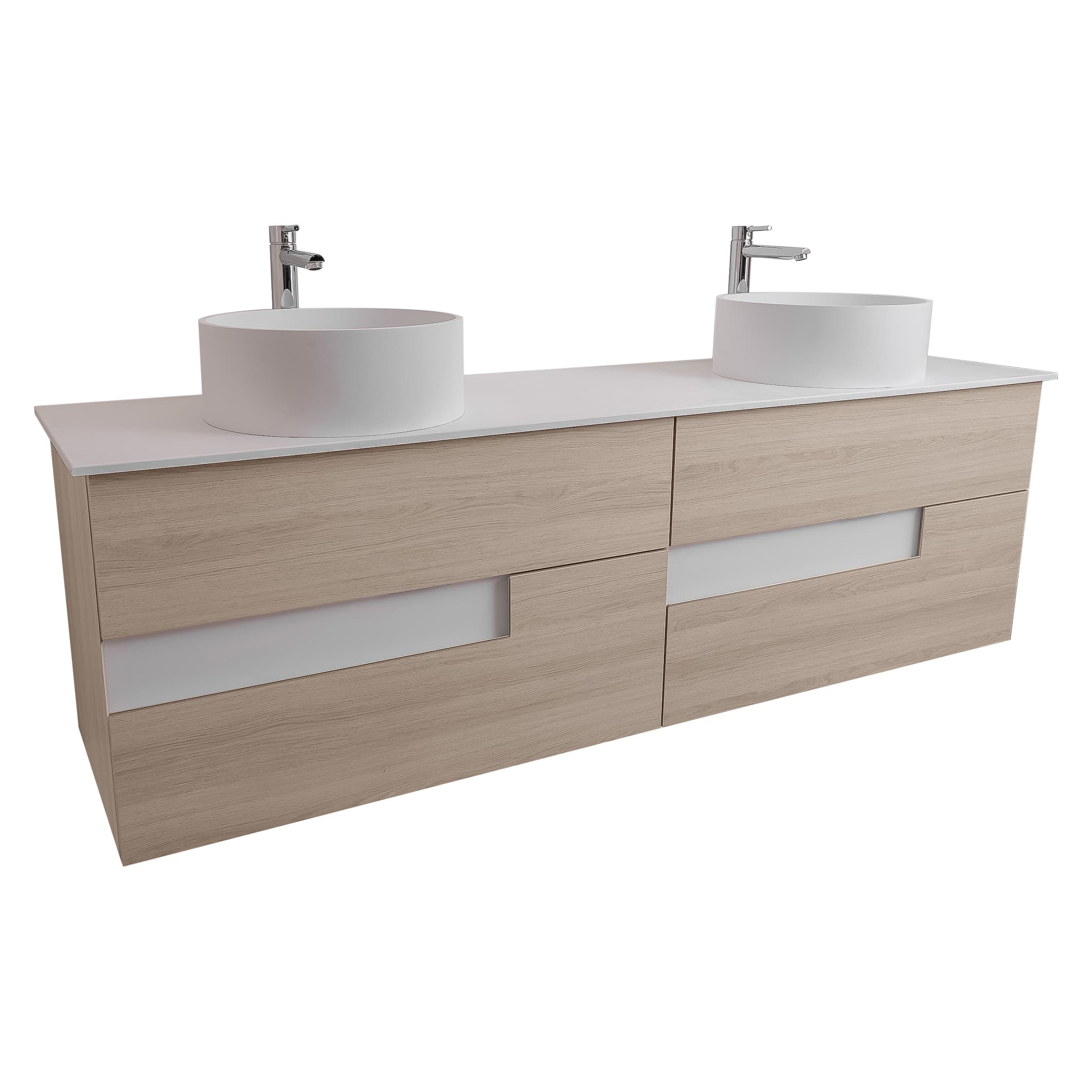 Vision 72 Natural Light Wood Cabinet, Solid Surface Flat White Counter And Two Round Solid Surface White Basin 1386, Wall Mounted Modern Vanity Set