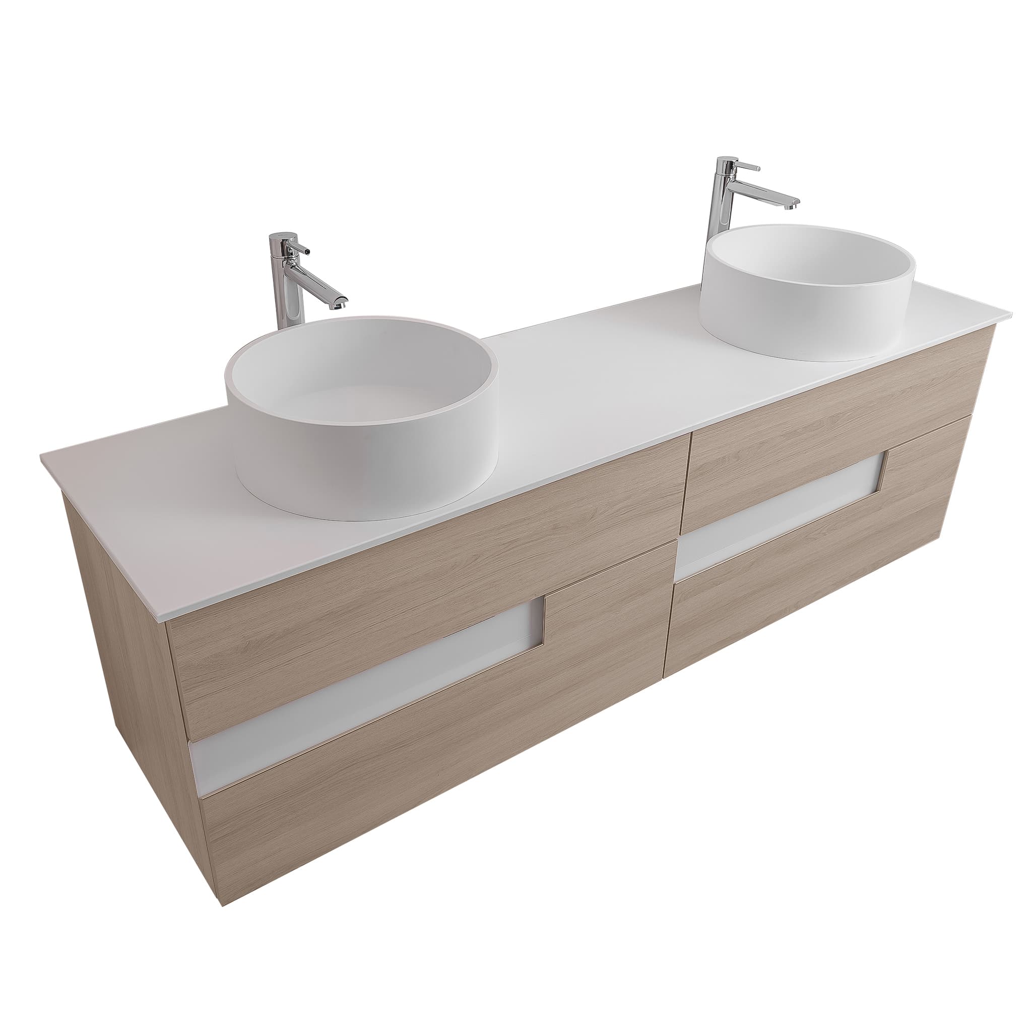 Vision 72 Natural Light Wood Cabinet, Solid Surface Flat White Counter And Two Round Solid Surface White Basin 1386, Wall Mounted Modern Vanity Set