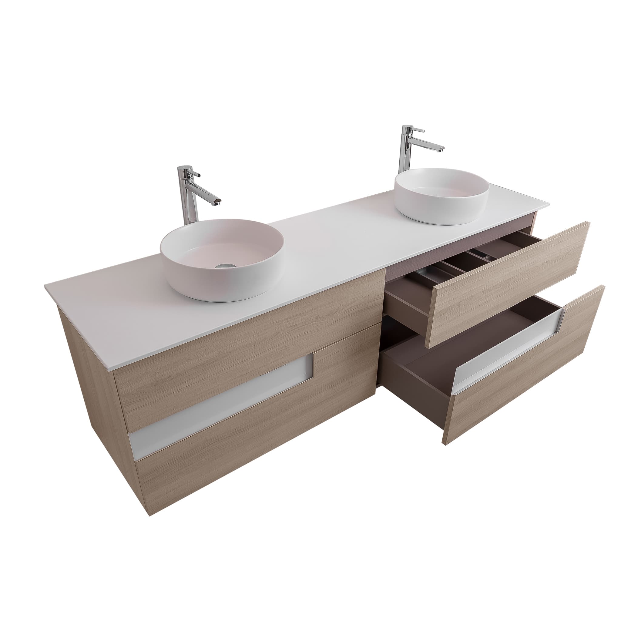 Vision 72 Natural Light Wood Cabinet, Ares White Top And Two Ares White Ceramic Basin, Wall Mounted Modern Vanity Set