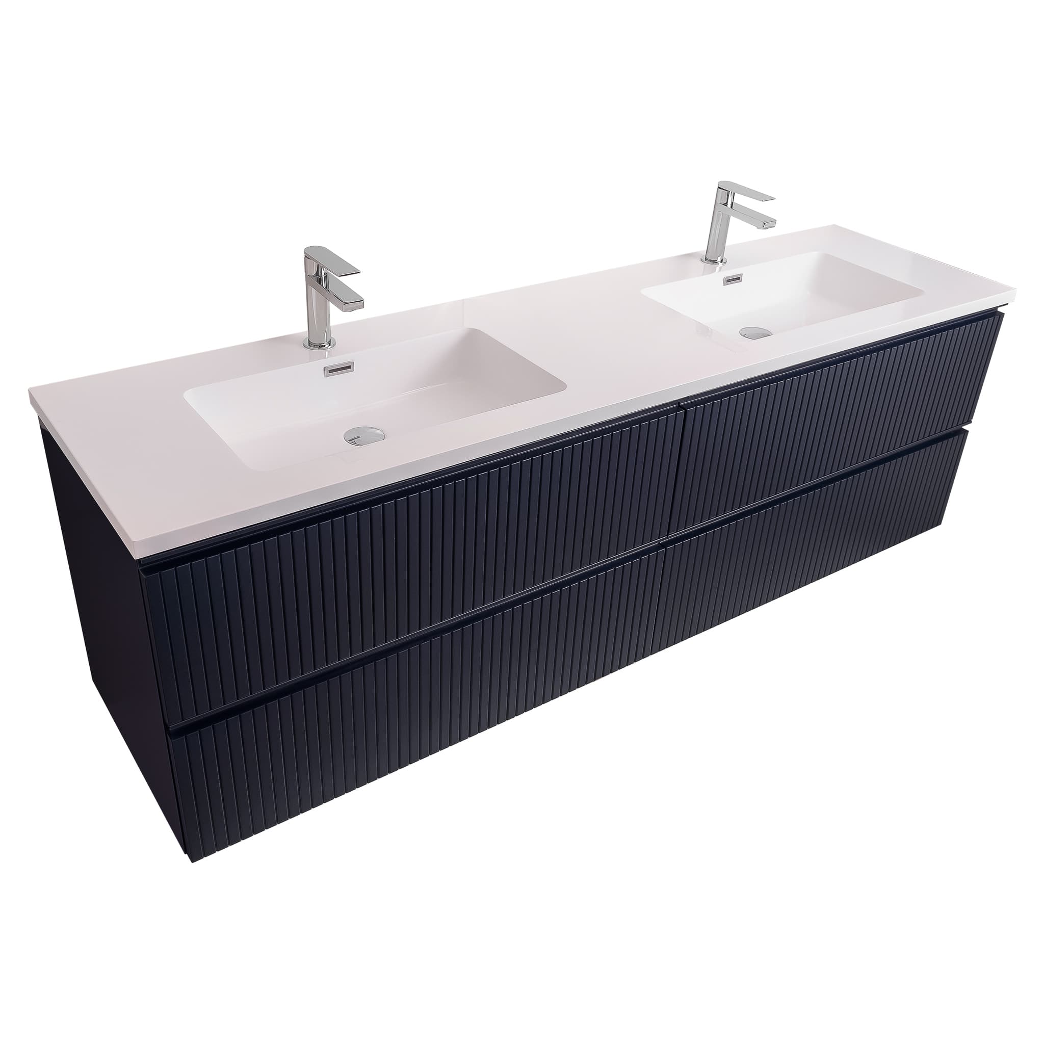 Ares 72 Matte Navy Blue Cabinet, Square Cultured Marble Double Sink, Wall Mounted Modern Vanity Set Bath Trends USA