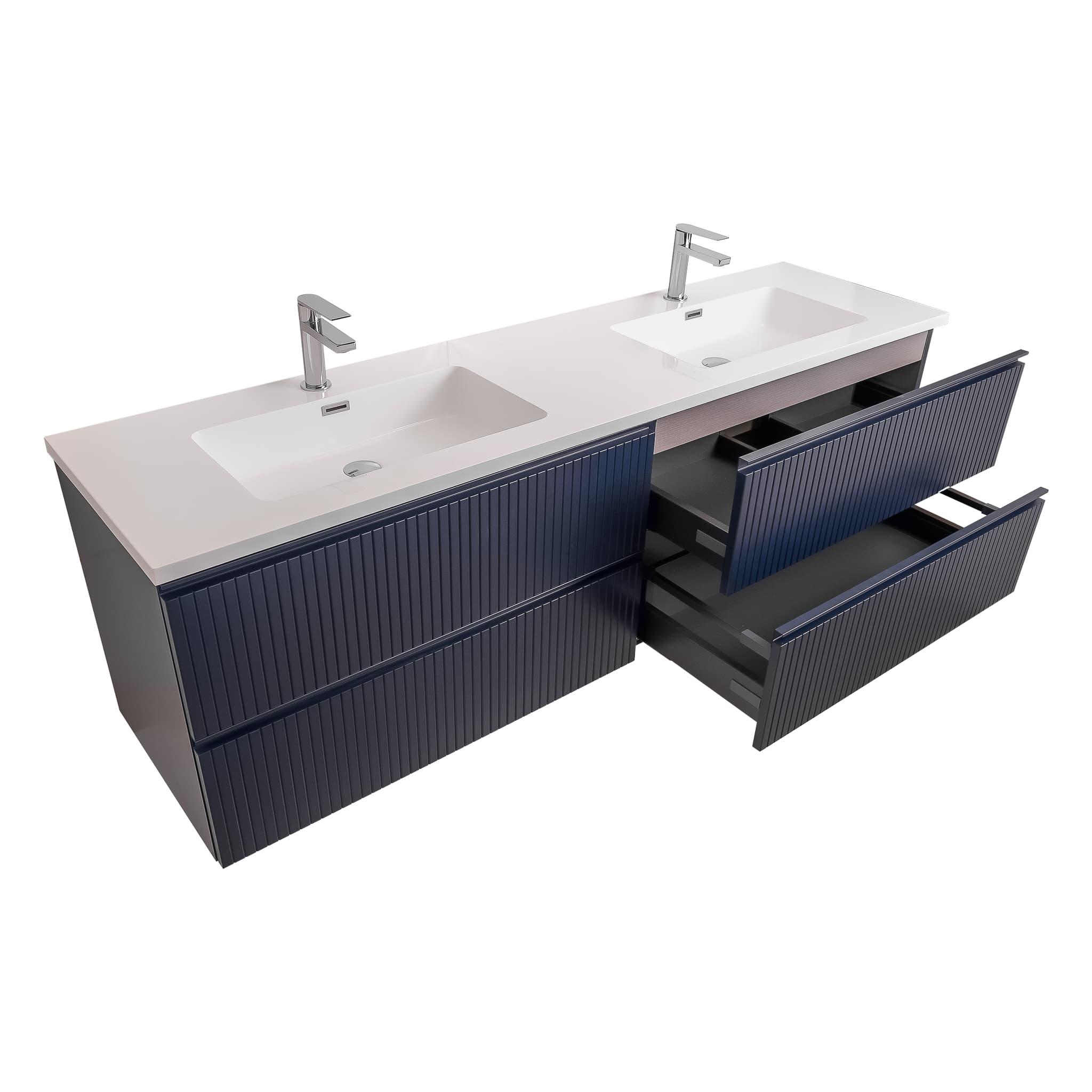 Ares 72 Matte Navy Blue Cabinet, Square Cultured Marble Double Sink, Wall Mounted Modern Vanity Set