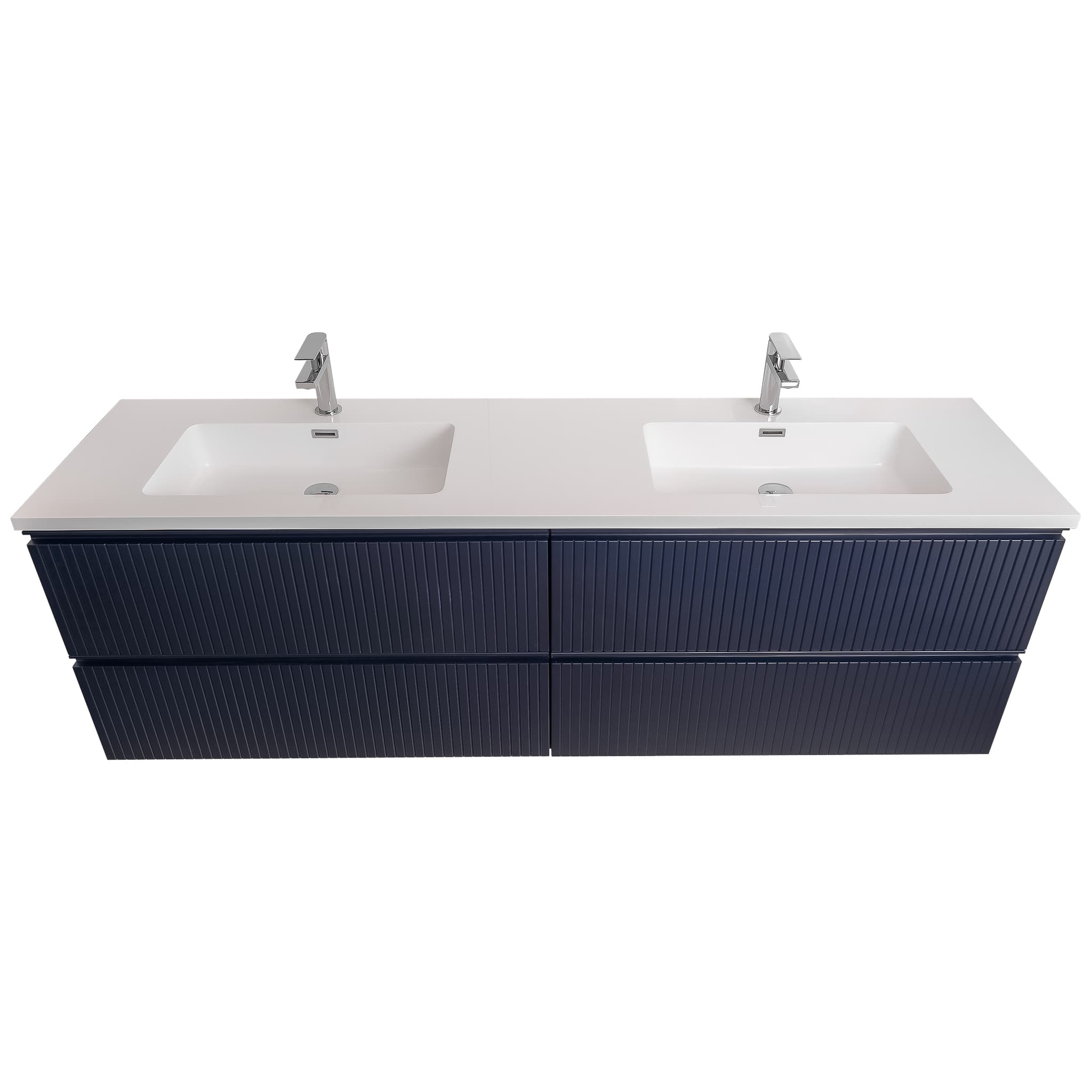 Ares 72 Matte Navy Blue Cabinet, Square Cultured Marble Double Sink, Wall Mounted Modern Vanity Set Bath Trends USA