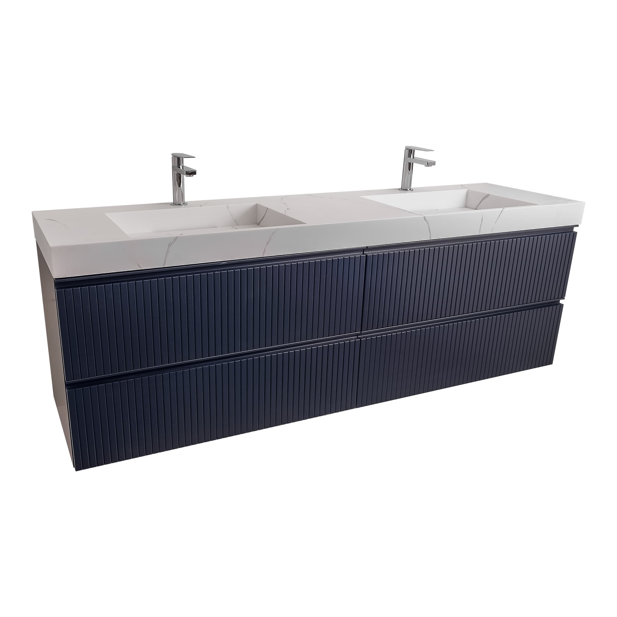 Ares 72 Navy Blue Cabinet, Solid Surface Matte White Top Carrara Infinity Double Sink, Wall Mounted Modern Vanity Set