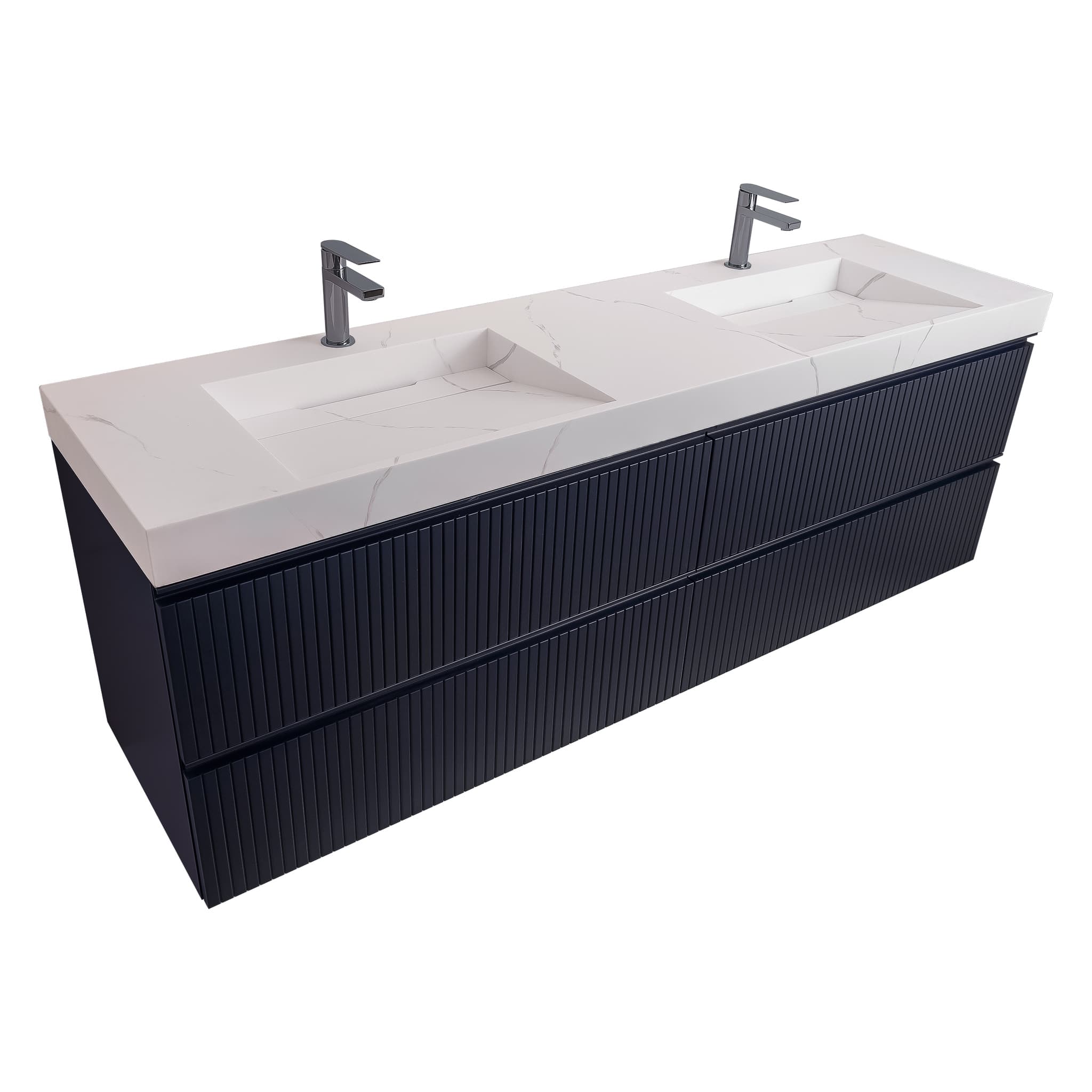 Ares 72 Navy Blue Cabinet, Solid Surface Matte White Top Carrara Infinity Double Sink, Wall Mounted Modern Vanity Set