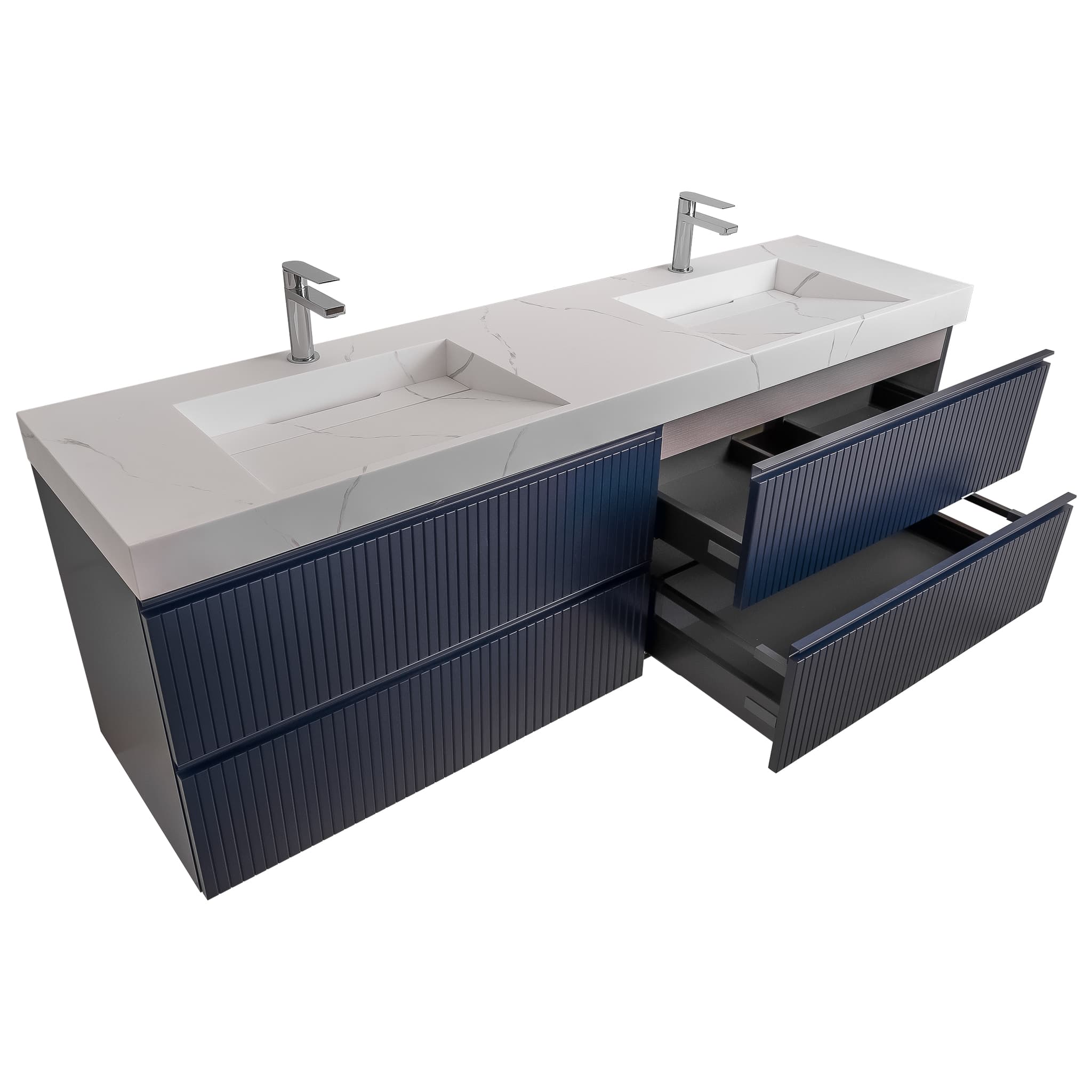 Ares 72 Navy Blue Cabinet, Solid Surface Matte White Top Carrara Infinity Double Sink, Wall Mounted Modern Vanity Set