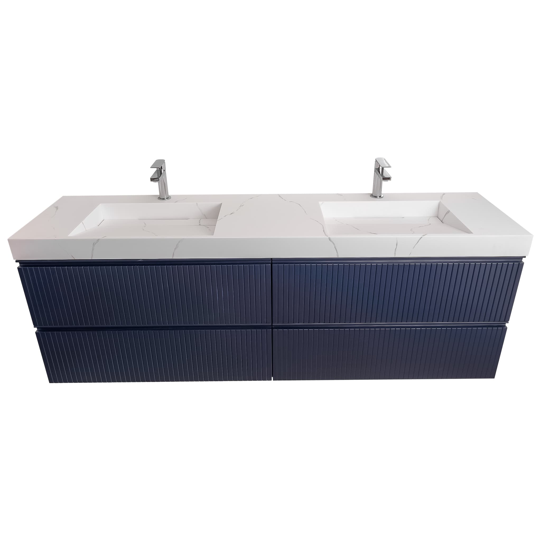 Ares 72 Navy Blue Cabinet, Solid Surface Matte White Top Carrara Infinity Double Sink, Wall Mounted Modern Vanity Set