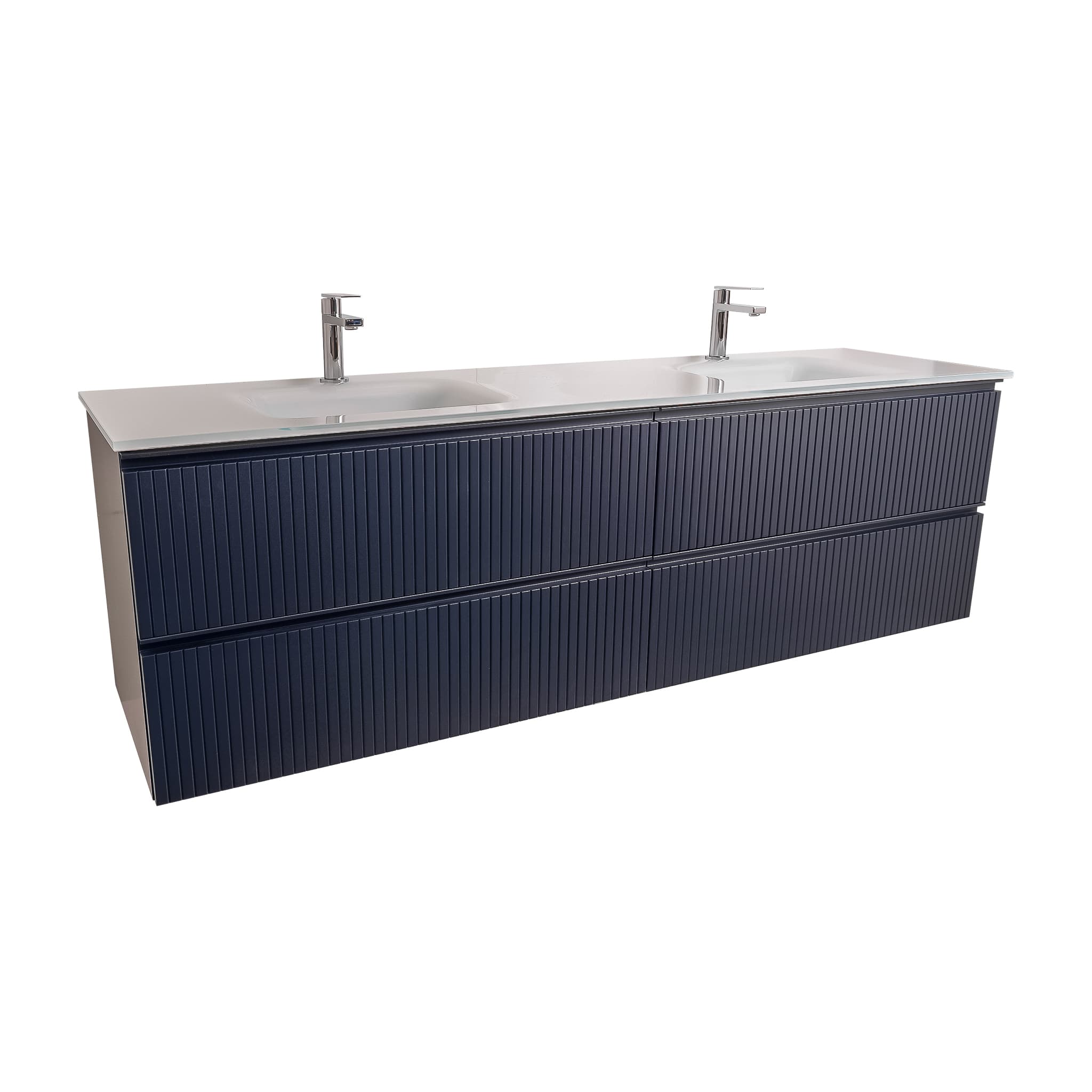 Ares 72 Matte Navy Blue Cabinet, White Tempered Glass Double Sink, Wall Mounted Modern Vanity Set