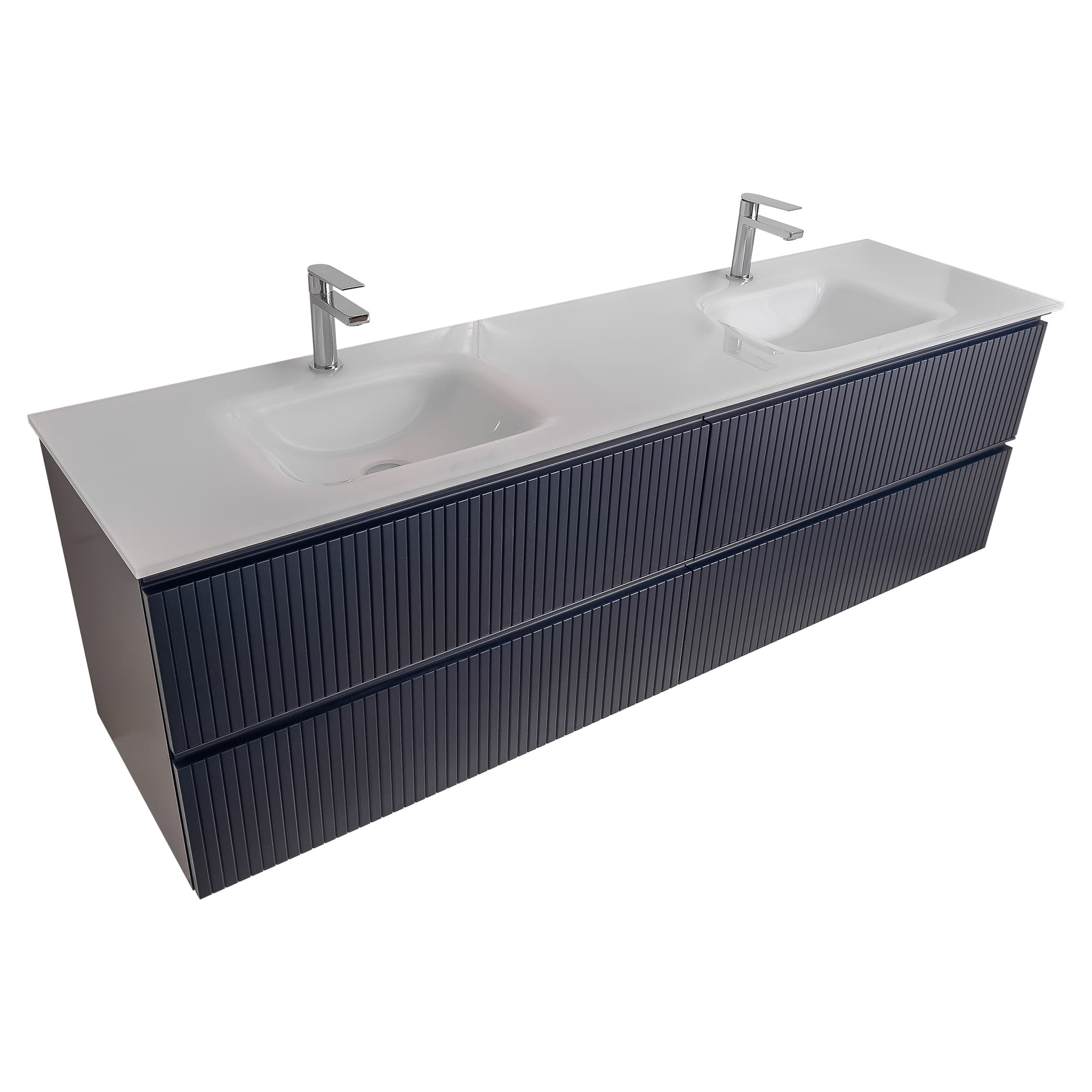 Ares 72 Matte Navy Blue Cabinet, White Tempered Glass Double Sink, Wall Mounted Modern Vanity Set