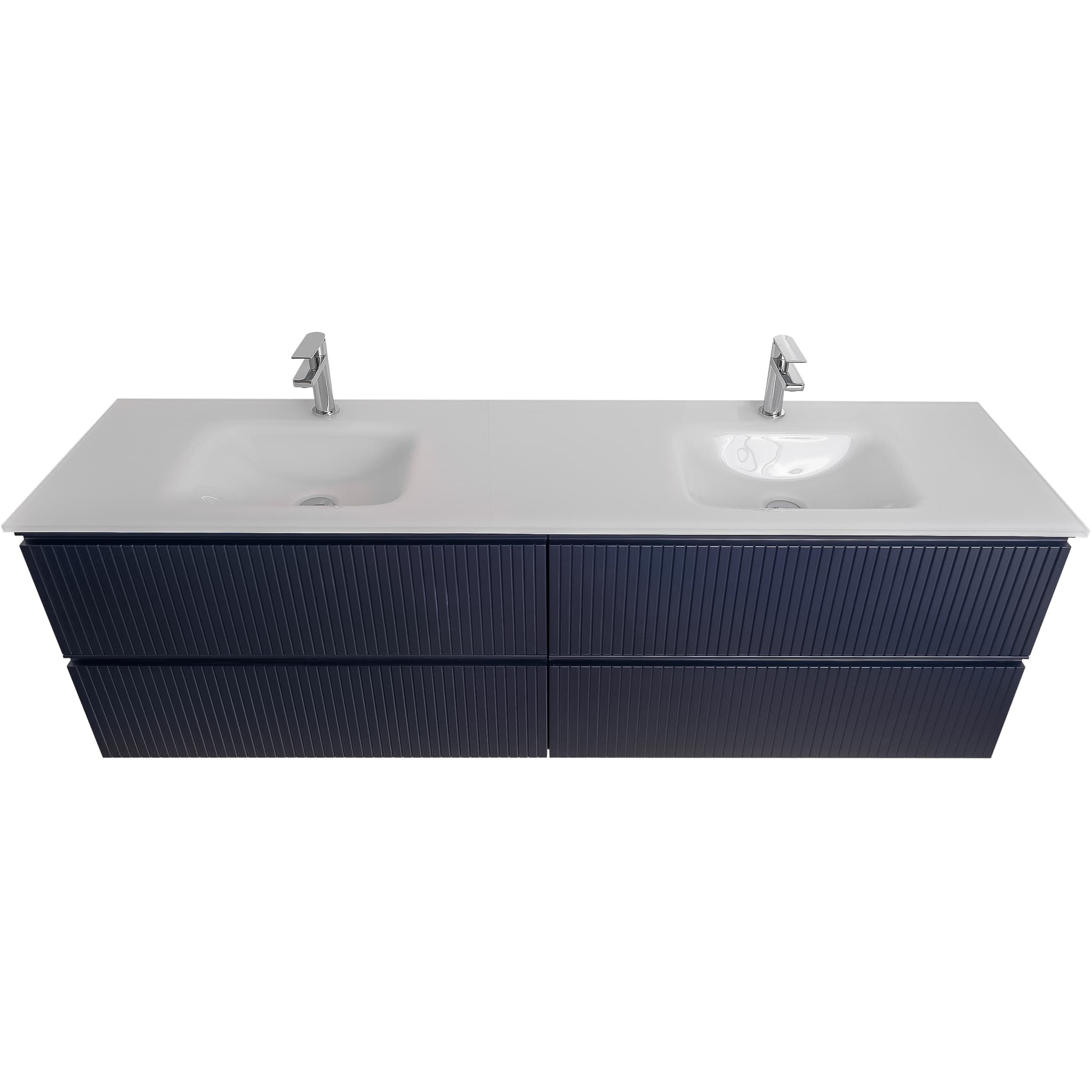 Ares 72 Matte Navy Blue Cabinet, White Tempered Glass Double Sink, Wall Mounted Modern Vanity Set