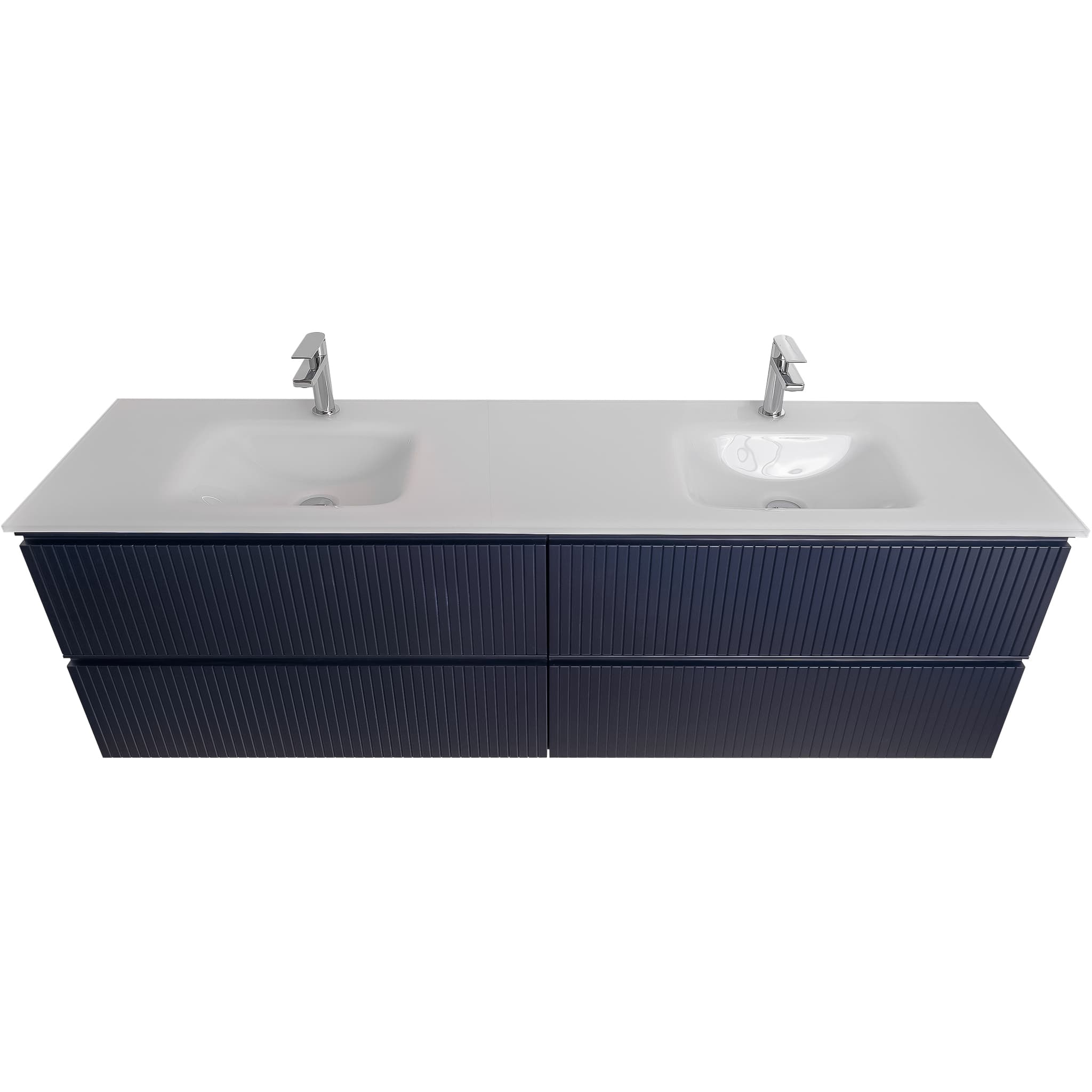 Ares 72 Matte Navy Blue Cabinet, White Tempered Glass Double Sink, Wall Mounted Modern Vanity Set Bath Trends USA