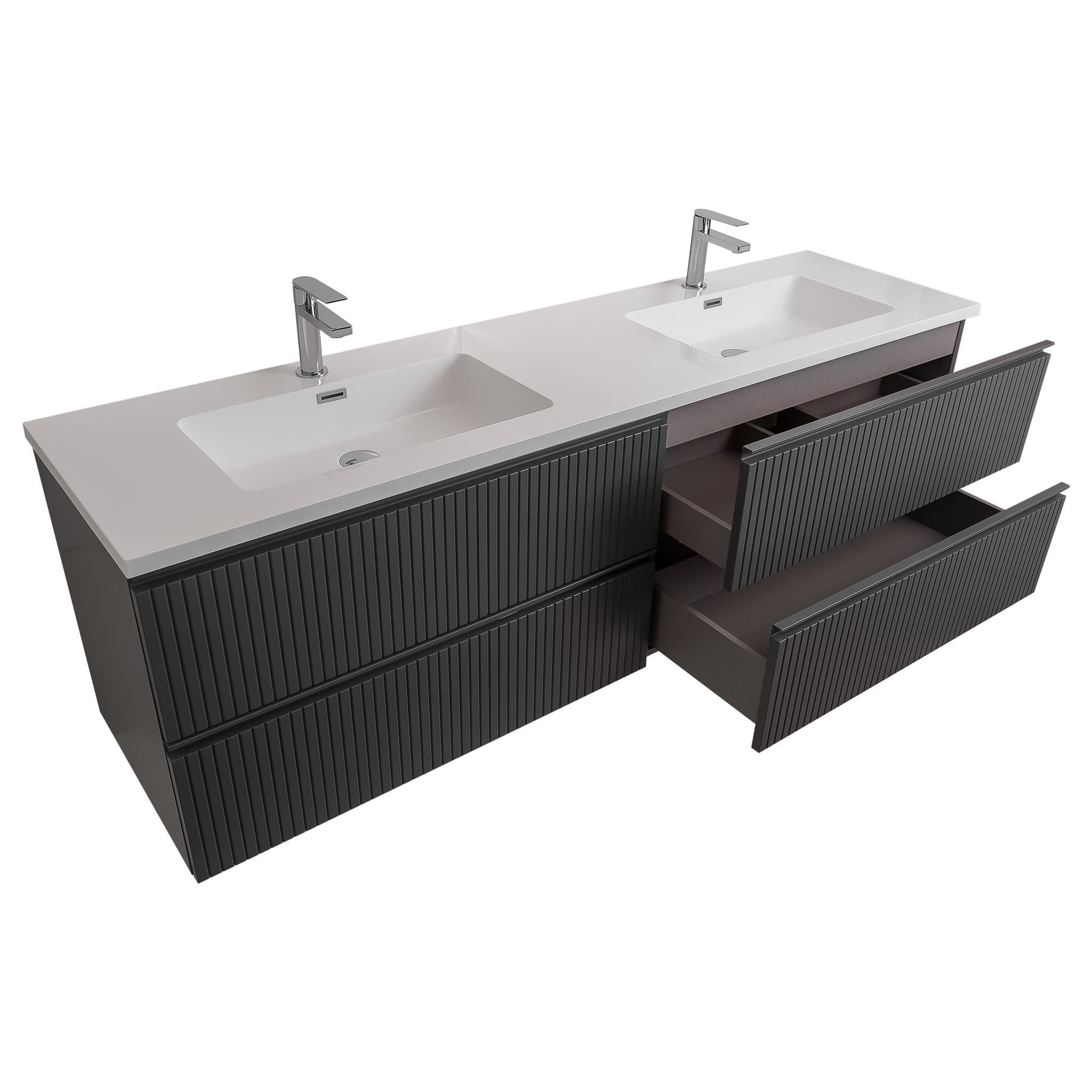 Ares 72 Matte Grey Cabinet, Square Cultured Marble Double Sink, Wall Mounted Modern Vanity Set