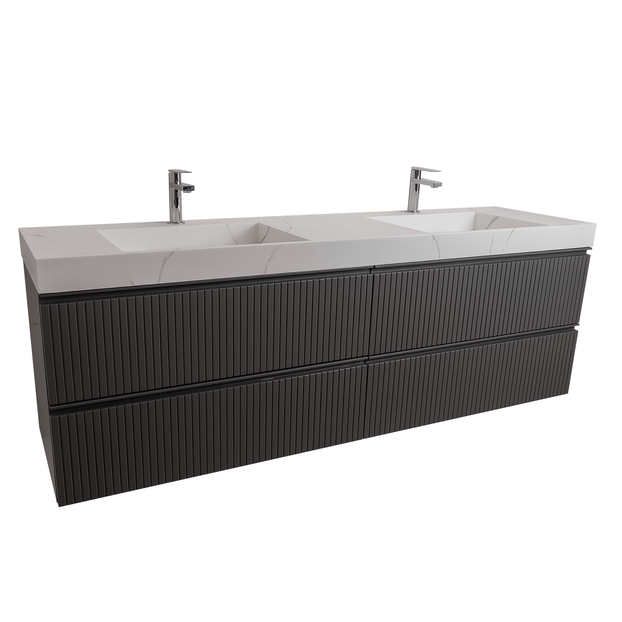 Ares 72 Matte Grey Cabinet, Solid Surface Matte White Top Carrara Infinity Double Sink, Wall Mounted Modern Vanity Set