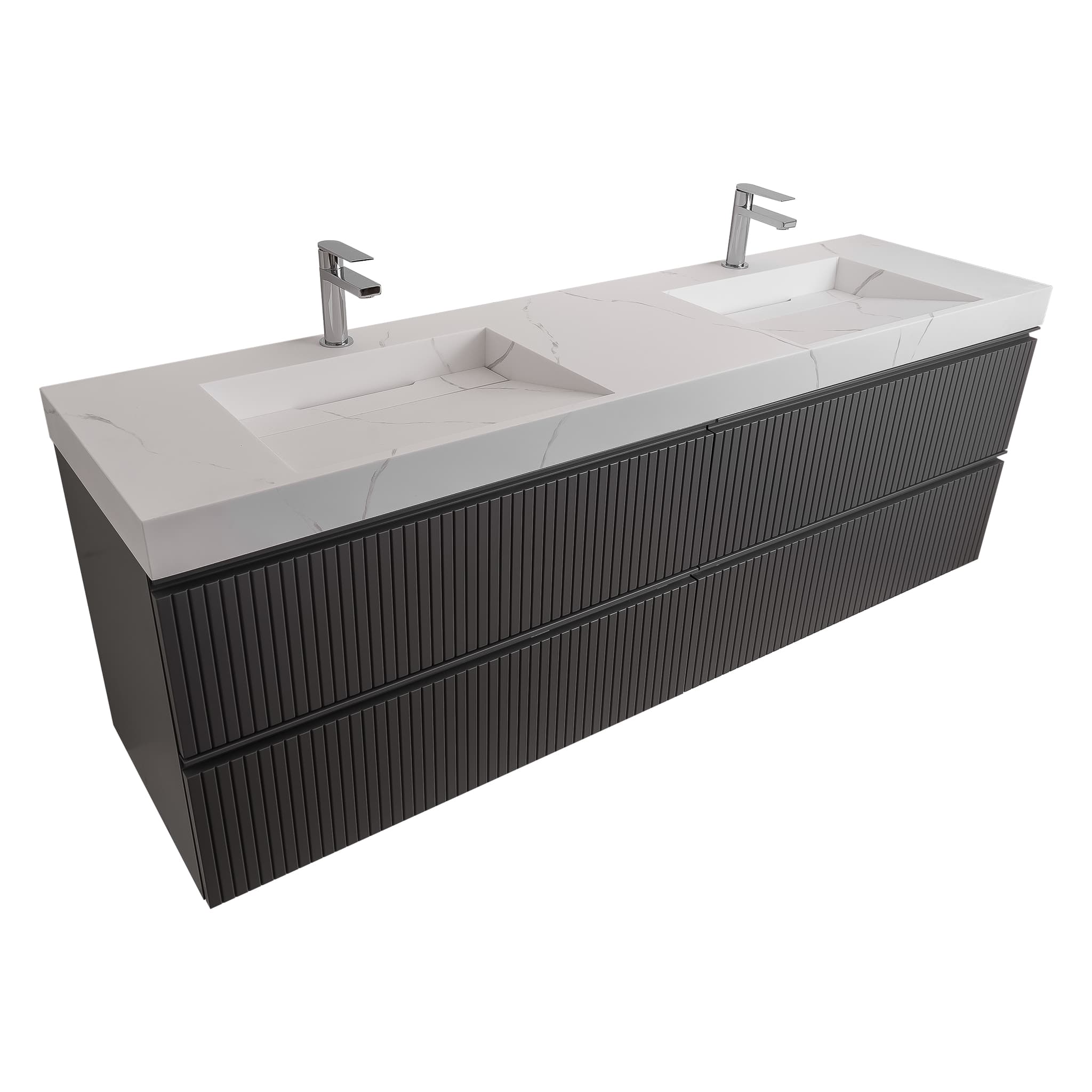 Ares 72 Matte Grey Cabinet, Solid Surface Matte White Top Carrara Infinity Double Sink, Wall Mounted Modern Vanity Set