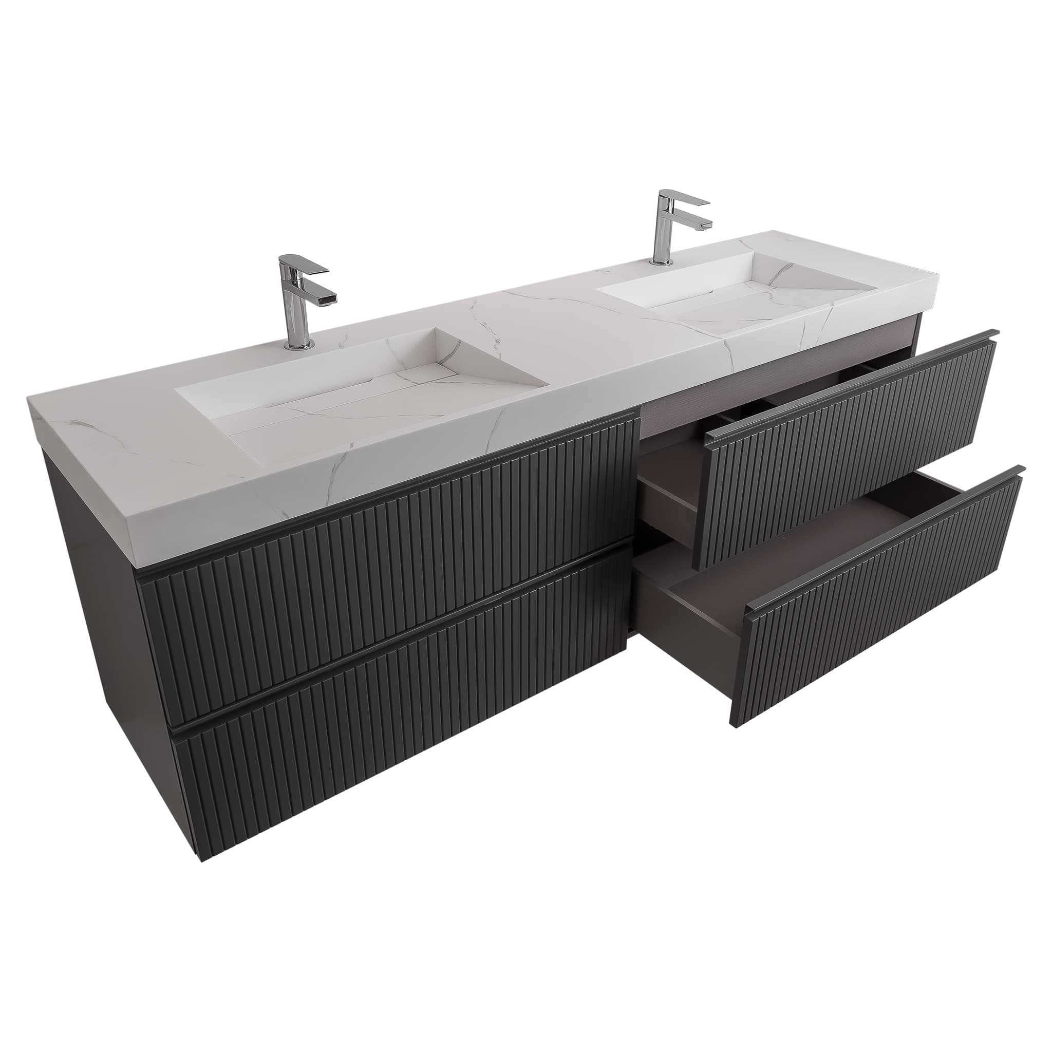 Ares 72 Matte Grey Cabinet, Solid Surface Matte White Top Carrara Infinity Double Sink, Wall Mounted Modern Vanity Set