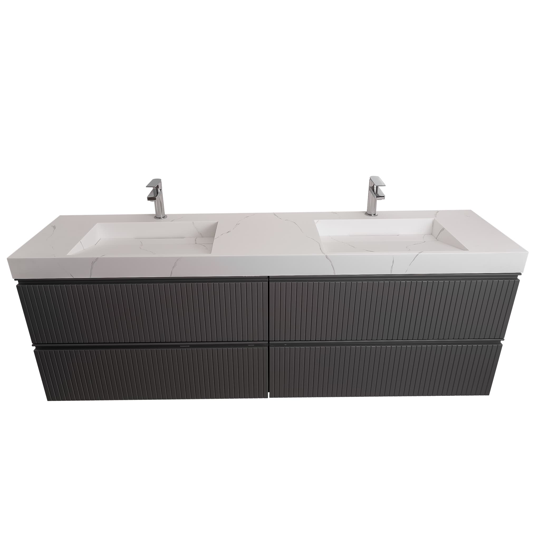 Ares 72 Matte Grey Cabinet, Solid Surface Matte White Top Carrara Infinity Double Sink, Wall Mounted Modern Vanity Set
