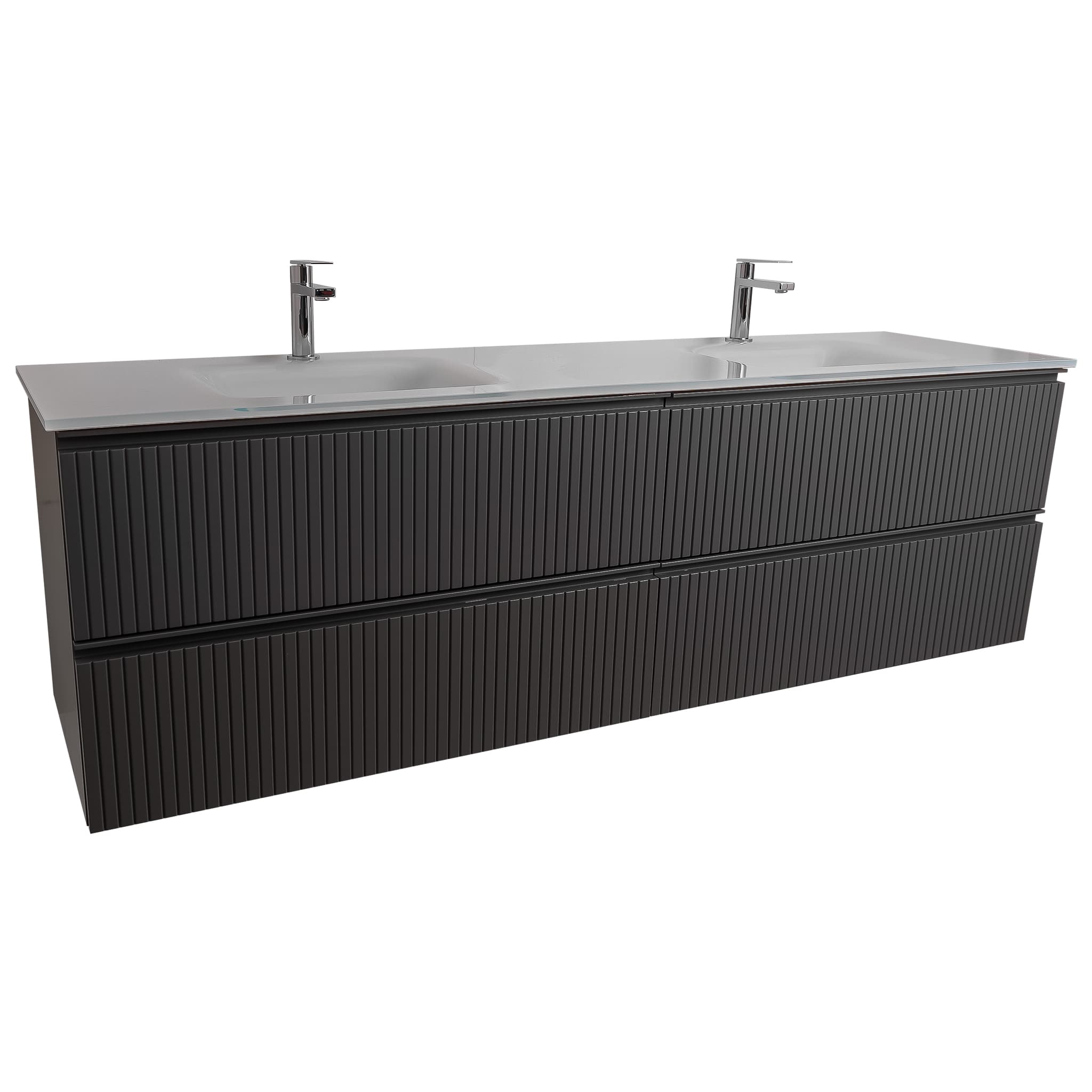 Ares 72 Matte Grey Cabinet, White Tempered Glass Double Sink, Wall Mounted Modern Vanity Set