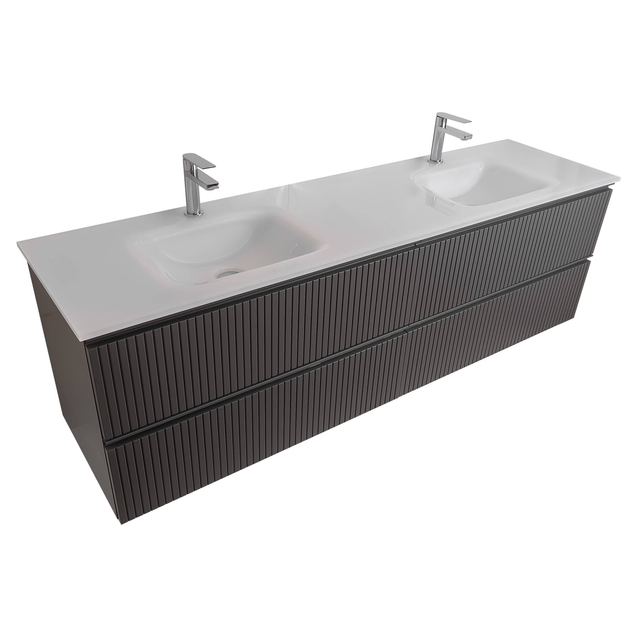 Ares 72 Matte Grey Cabinet, White Tempered Glass Double Sink, Wall Mounted Modern Vanity Set