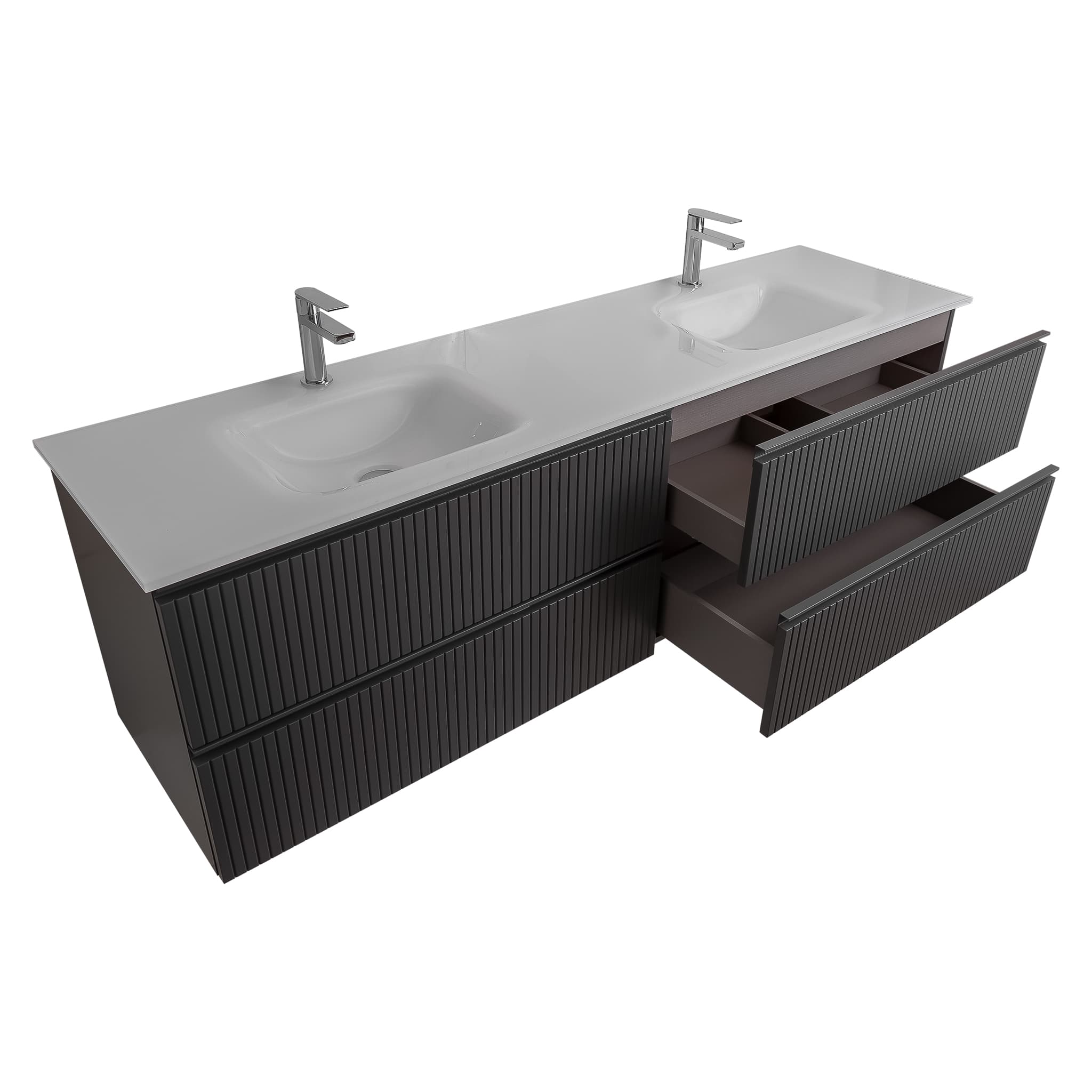 Ares 72 Matte Grey Cabinet, White Tempered Glass Double Sink, Wall Mounted Modern Vanity Set