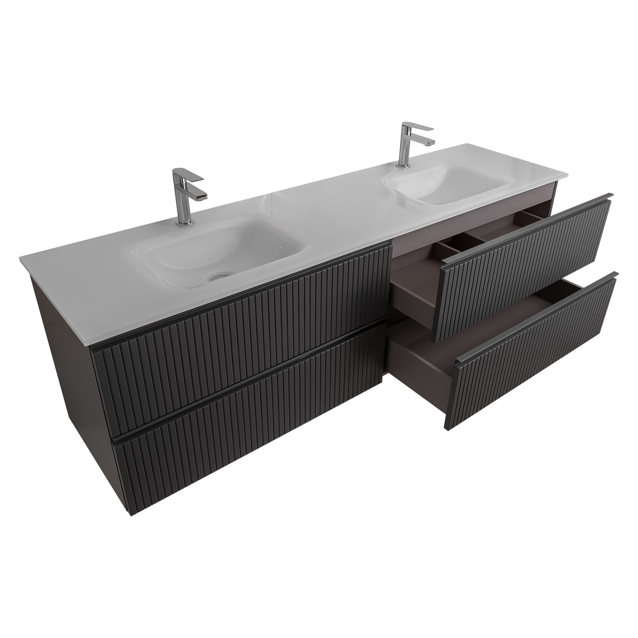 Ares 72 Matte Grey Cabinet, White Tempered Glass Double Sink, Wall Mounted Modern Vanity Set Bath Trends USA