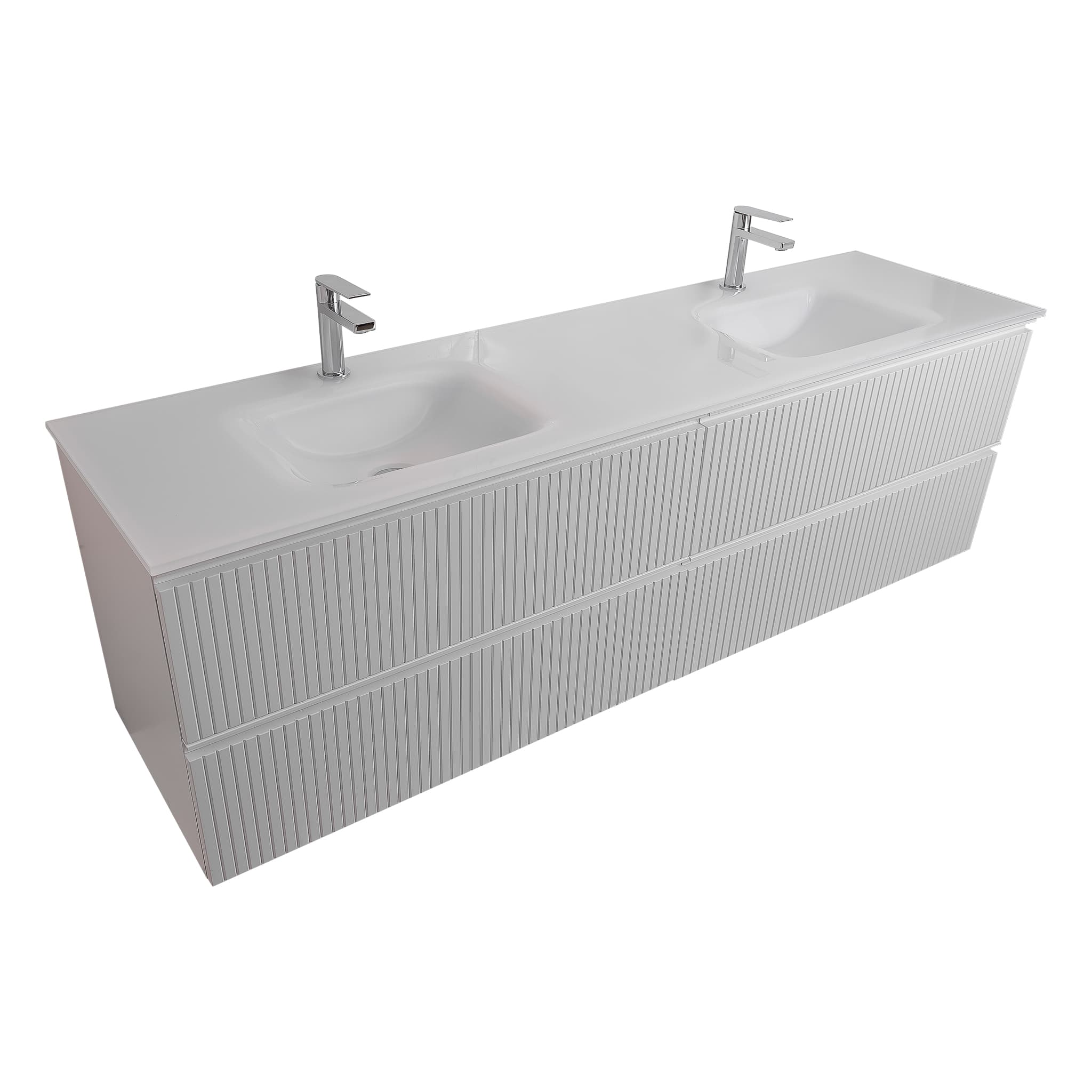 Ares 72 Matte White Cabinet, White Tempered Glass Double Sink, Wall Mounted Modern Vanity Set