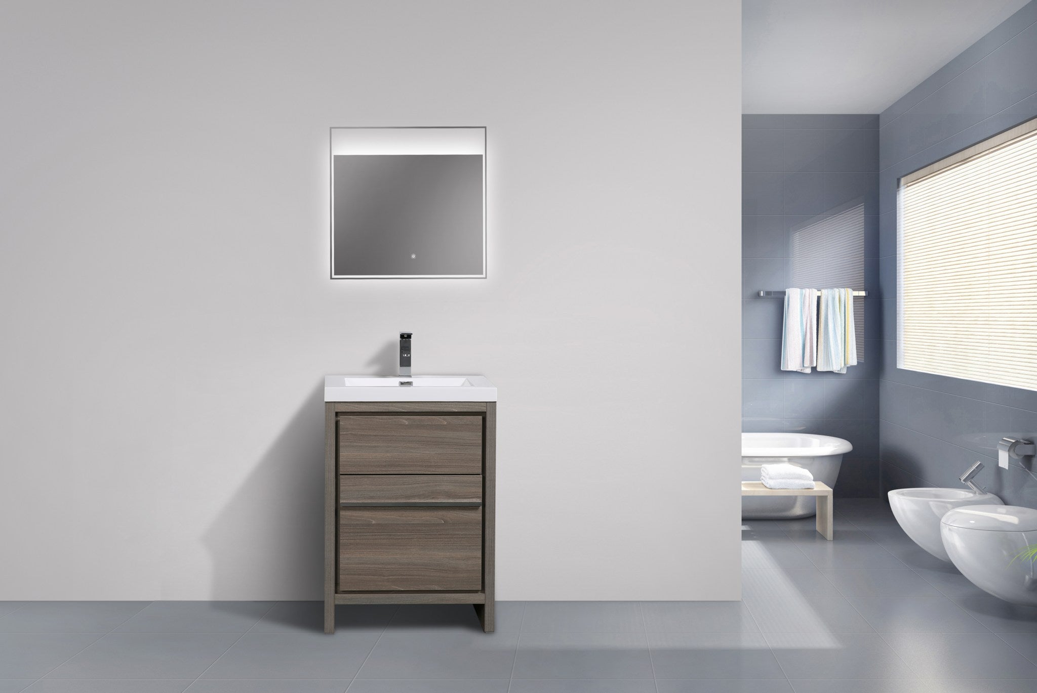 Granada 29.5 Maple Grey With Chrome Handle Cabinet, Square Cultured Marble Sink, Free Standing Modern Vanity Set