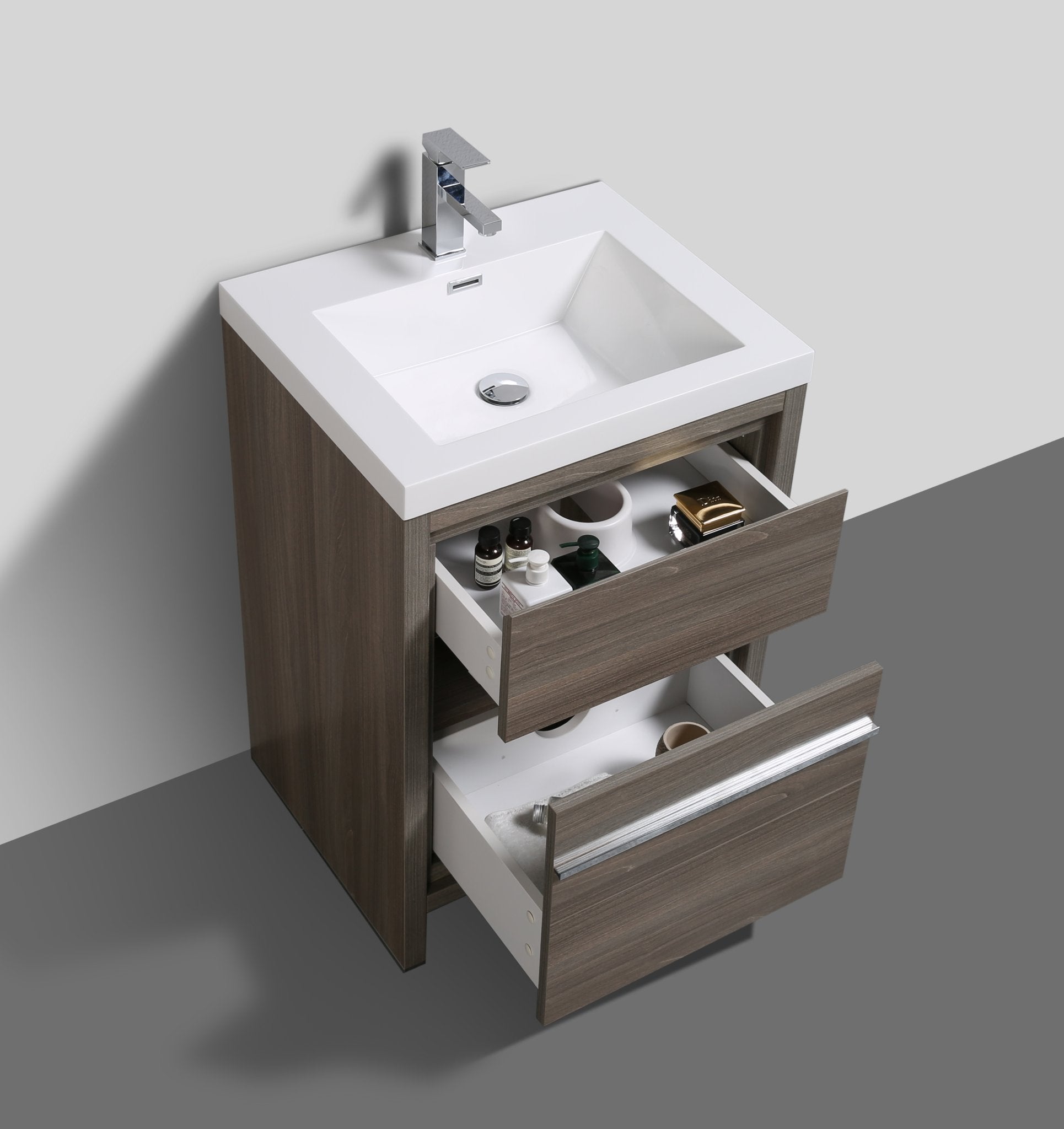 Granada 29.5 Maple Grey With Chrome Handle Cabinet, Square Cultured Marble Sink, Free Standing Modern Vanity Set