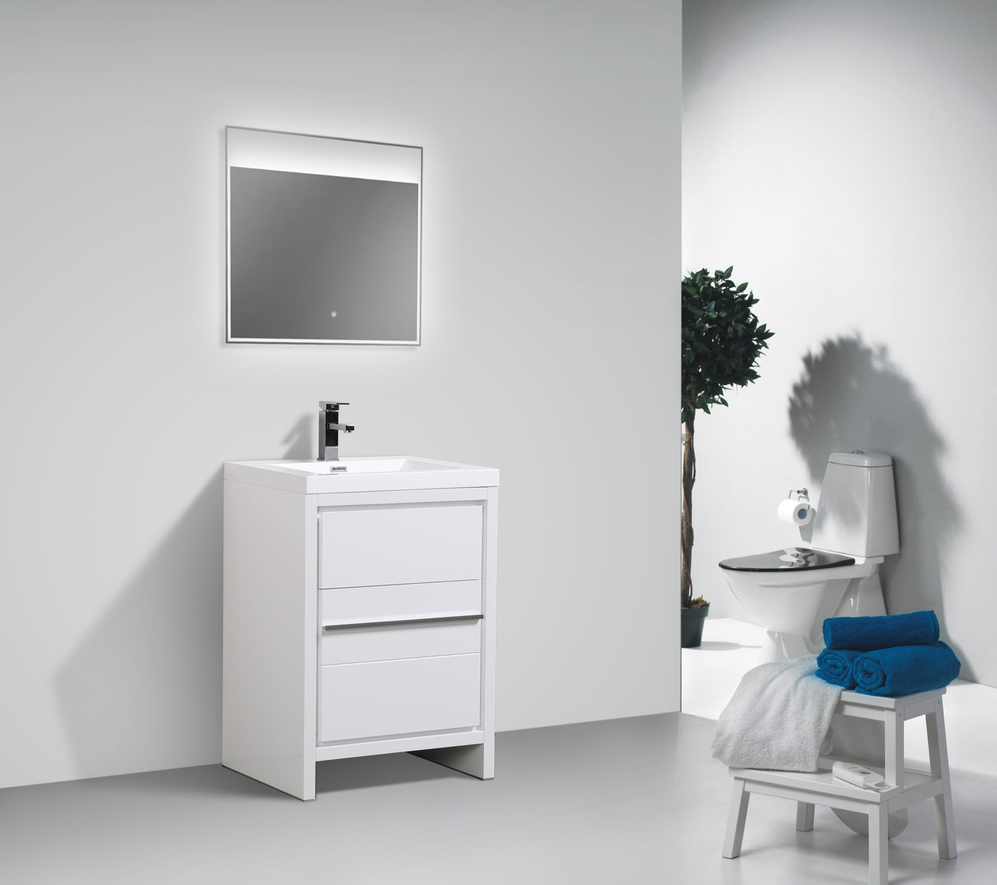 Granada 29.5 White High Gloss With Chrome Handle Cabinet, Square Cultured Marble Sink, Free Standing Modern Vanity Set 