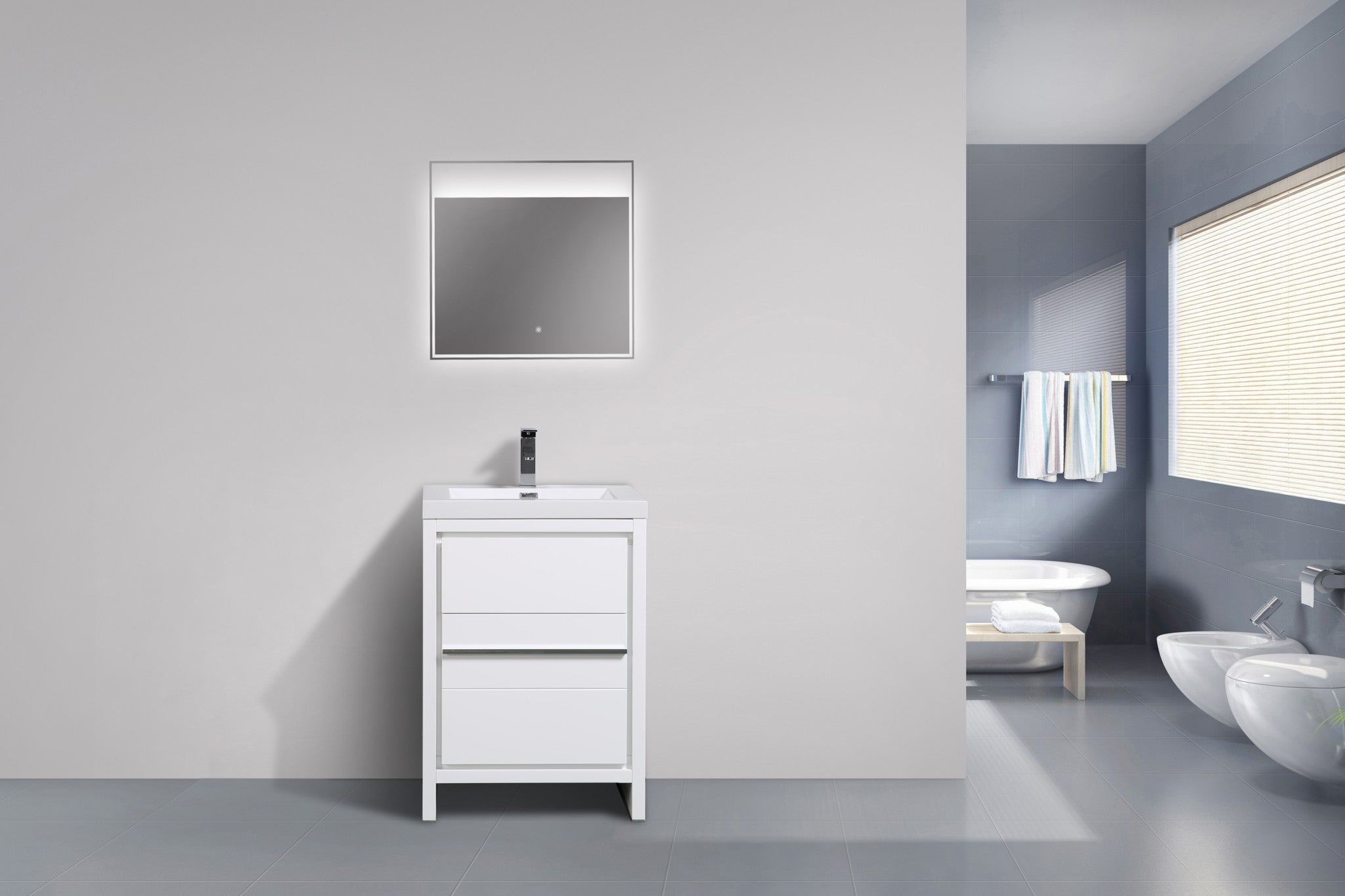 Granada 29.5 White High Gloss With Chrome Handle Cabinet, Square Cultured Marble Sink, Free Standing Modern Vanity Set