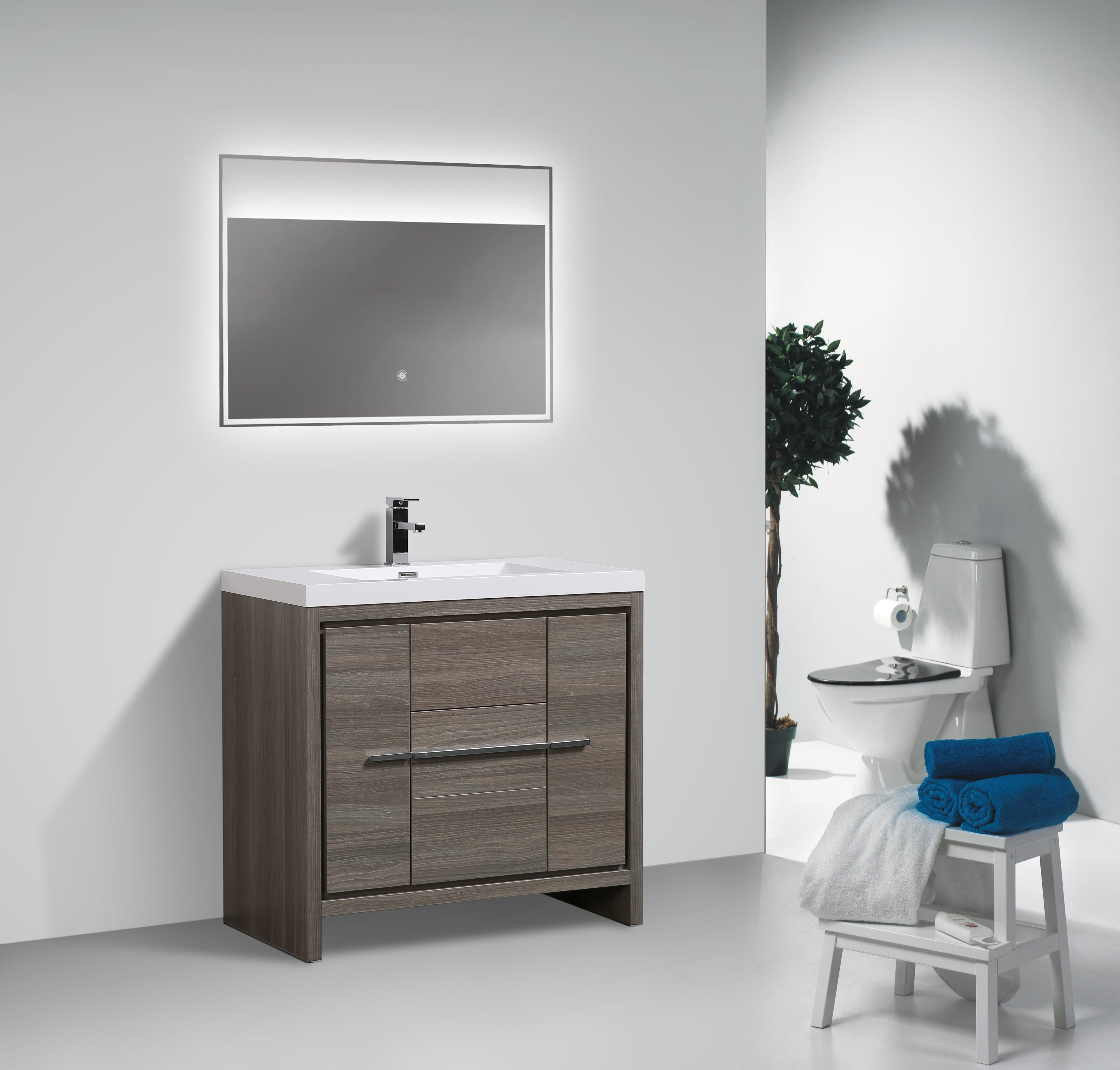 Granada 29.5 Maple Grey With Chrome Handle Cabinet, Square Cultured Marble Sink, Free Standing Modern Vanity Set