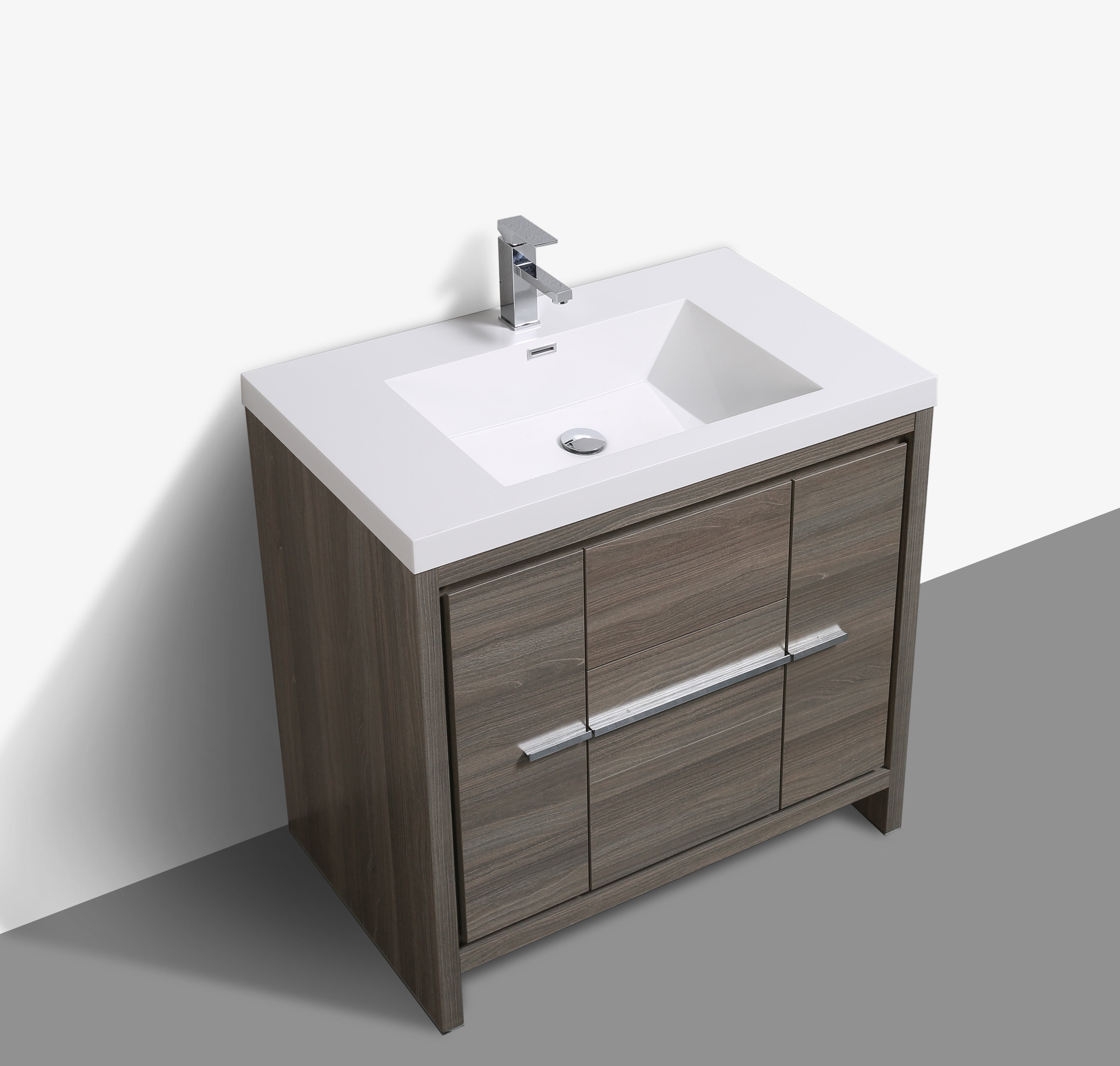 Granada 29.5 Maple Grey With Chrome Handle Cabinet, Square Cultured Marble Sink, Free Standing Modern Vanity Set