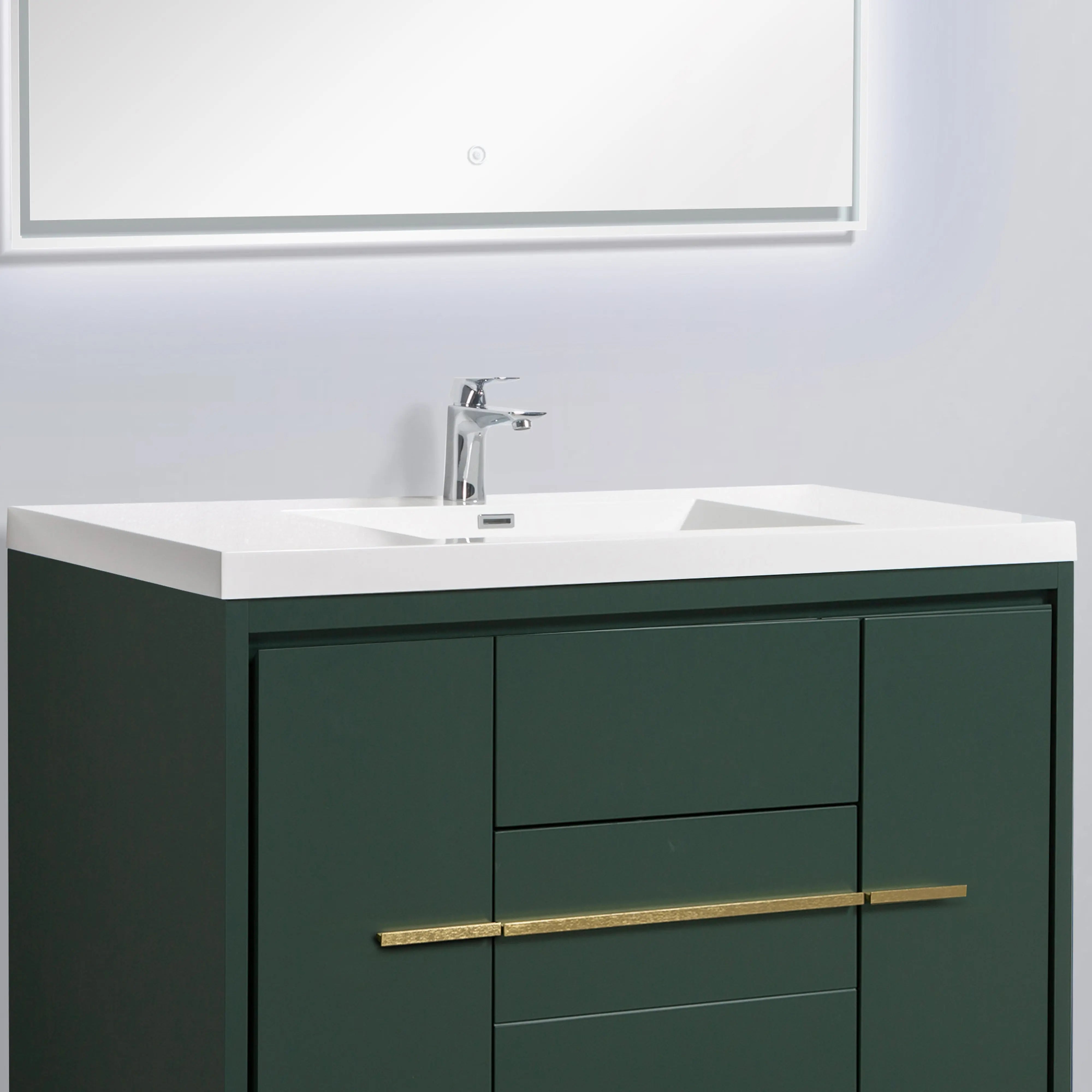 Granada 47.5 Nordic Green With Brush Gold Handle Cabinet, Square Cultured Marble Sink, Free Standing Modern Vanity Set 