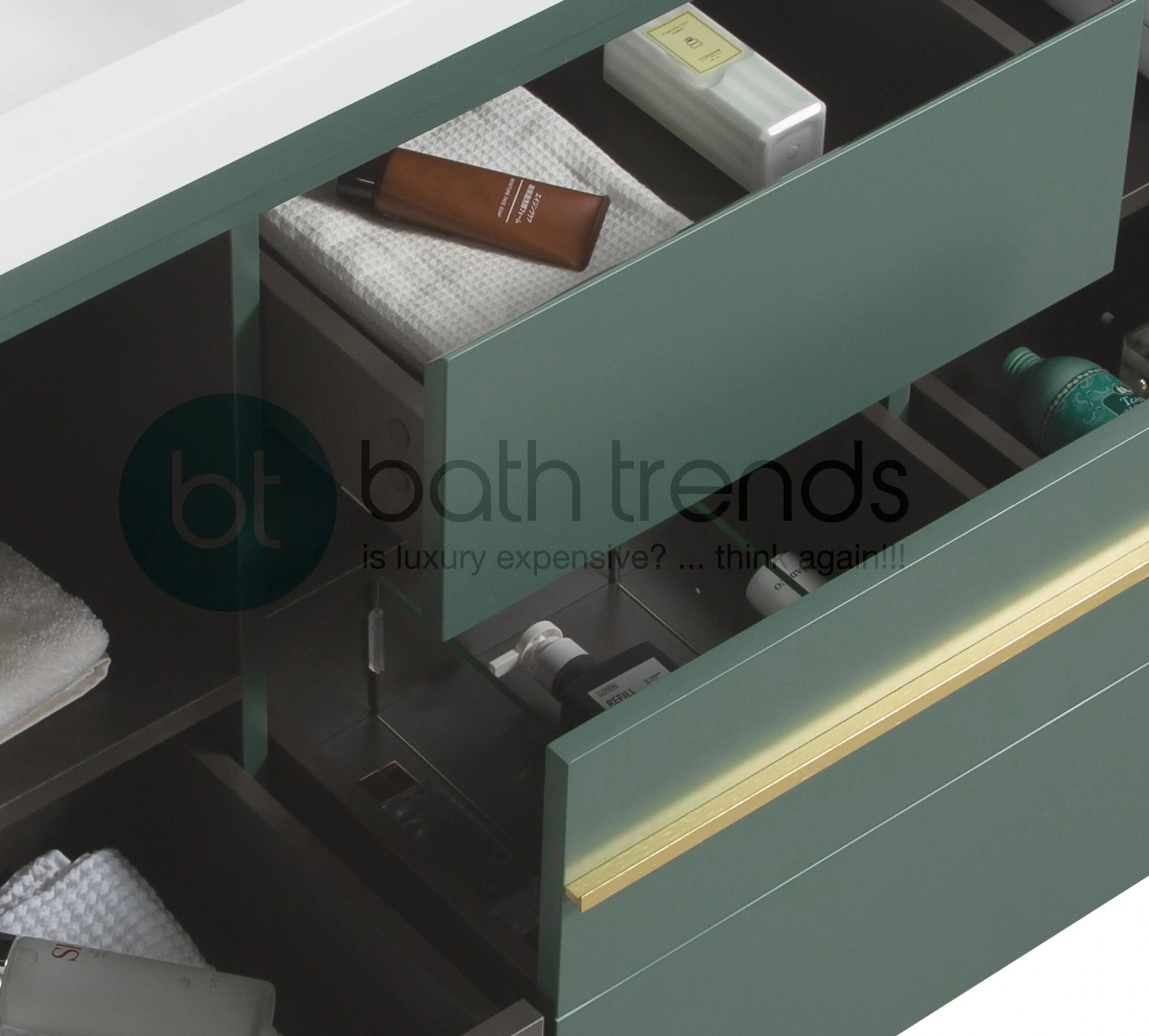 Granada 47.5 Nordic Green With Brush Gold Handle Cabinet, Square Cultured Marble Sink, Free Standing Modern Vanity Set 